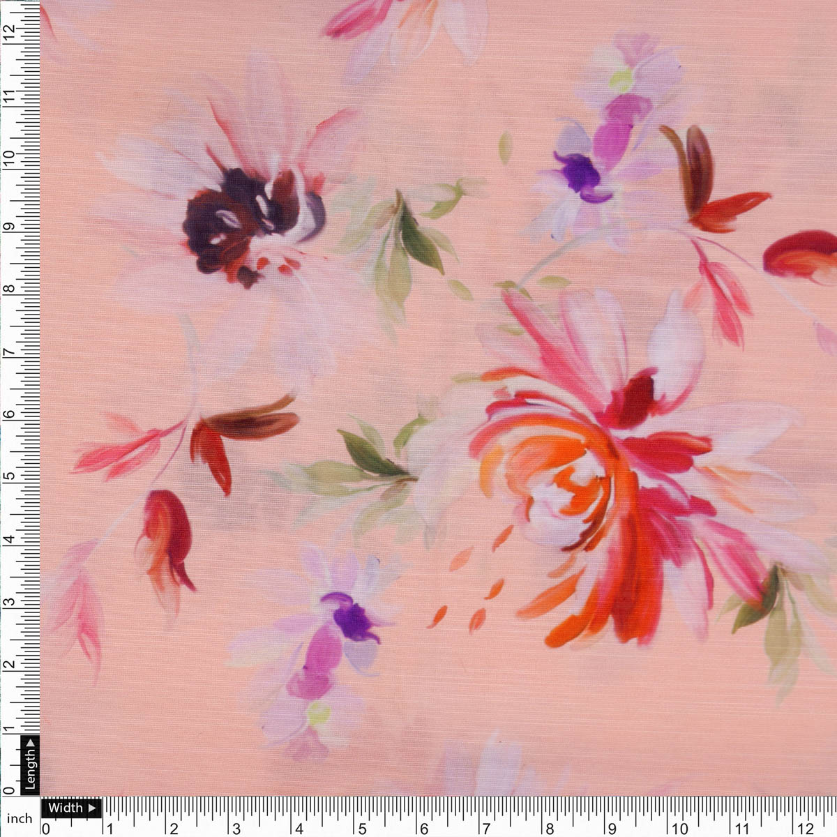 Peach Floral Linen Satin Fabric