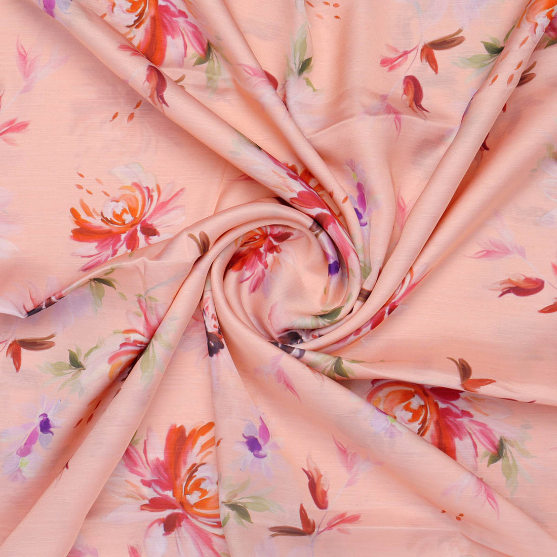 Peach Floral Linen Satin Fabric