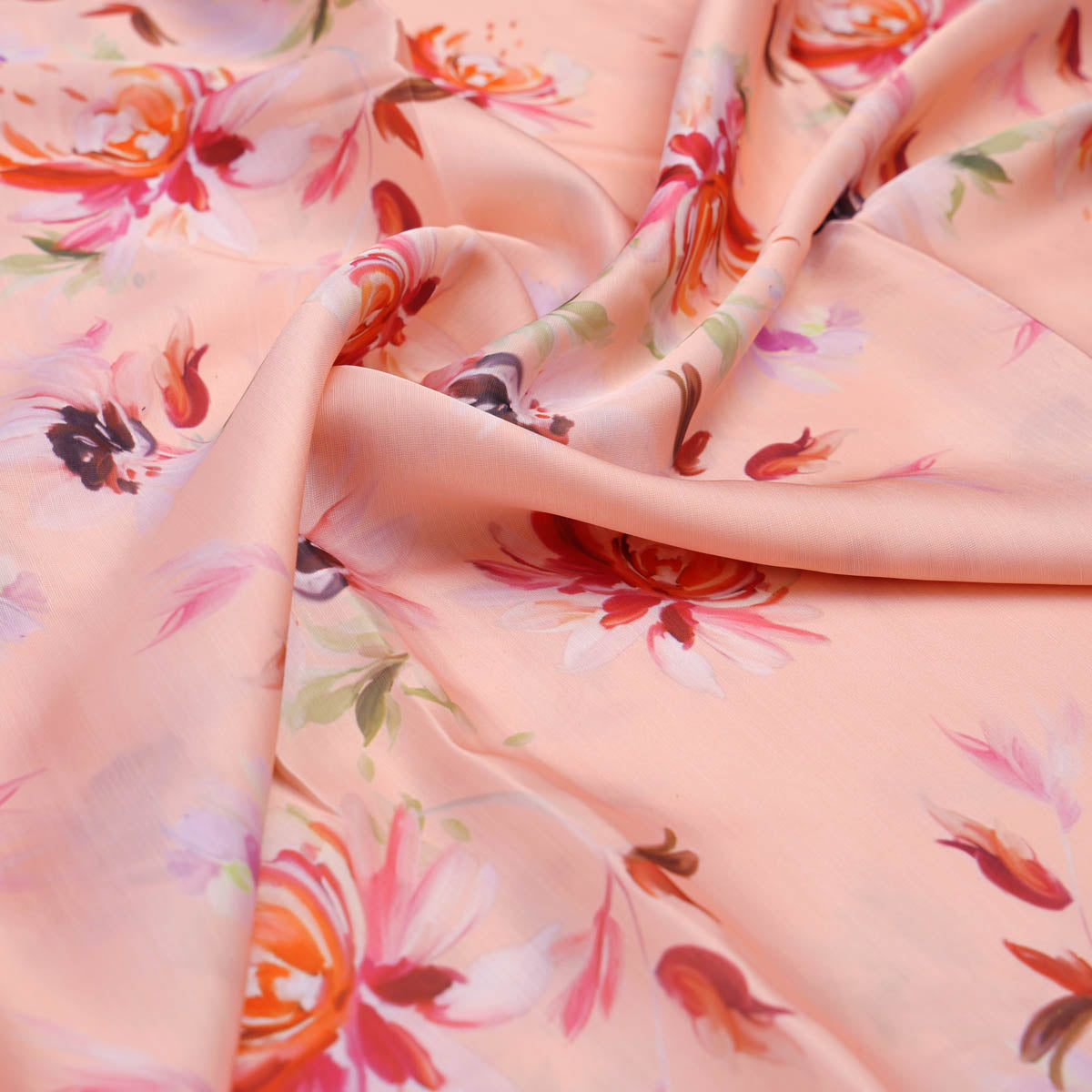 Peach Floral Linen Satin Fabric
