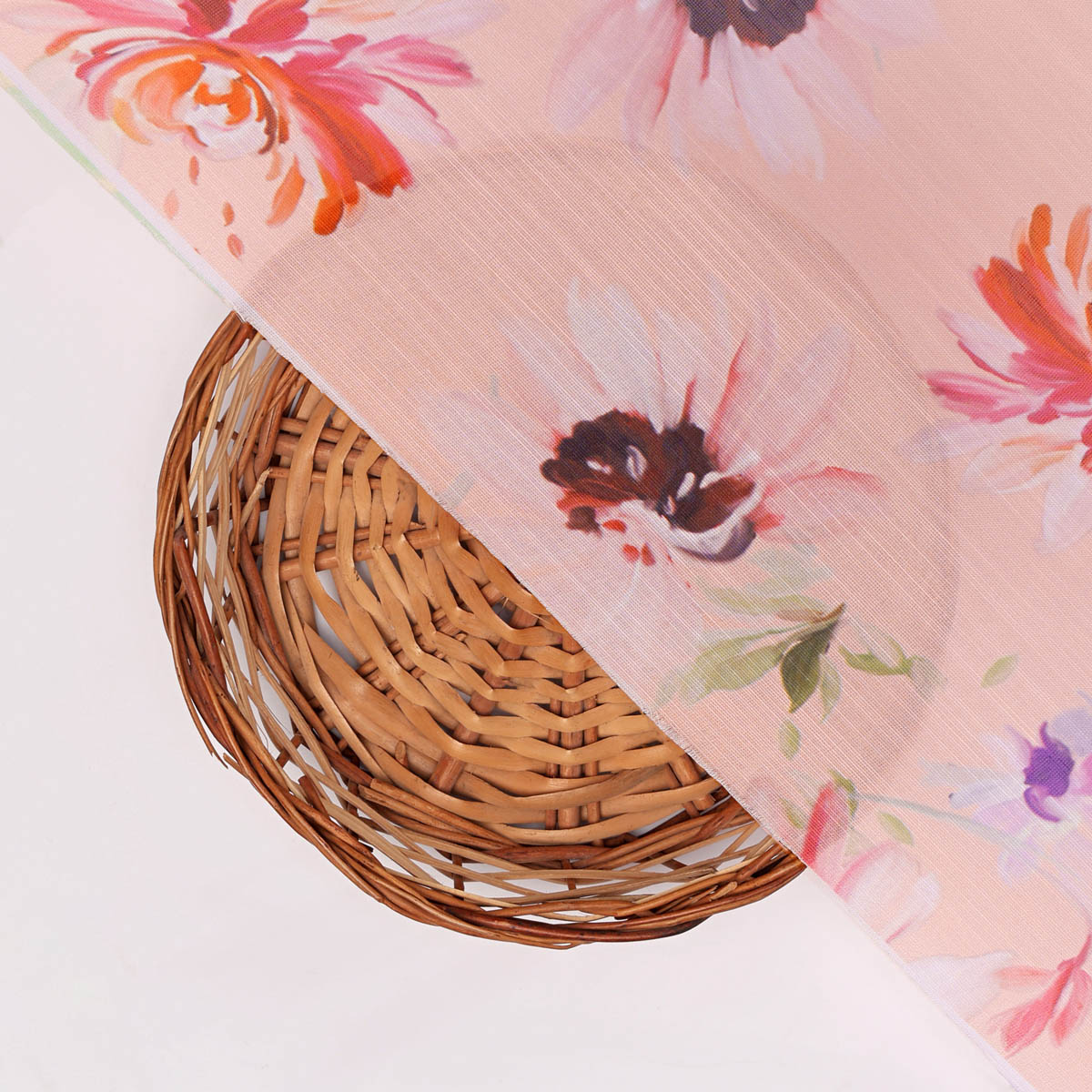 Peach Floral Linen Satin Fabric