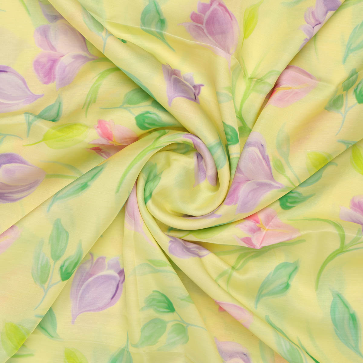 Yellow Floral Linen Satin Fabric