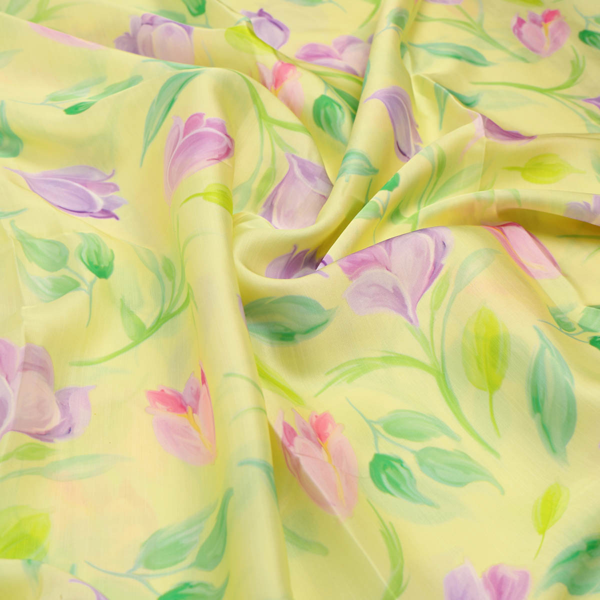 Yellow Floral Linen Satin Fabric