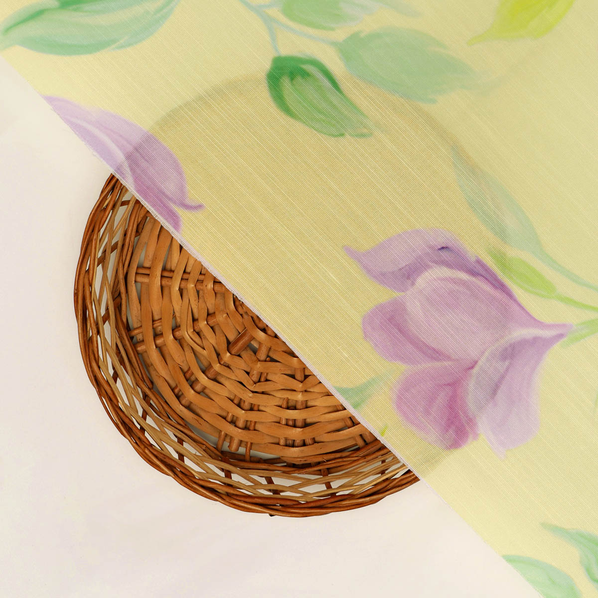 Yellow Floral Linen Satin Fabric