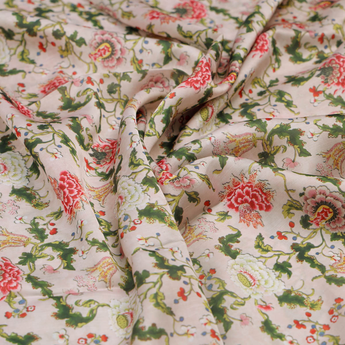 Pink Floral Linen Satin Fabric