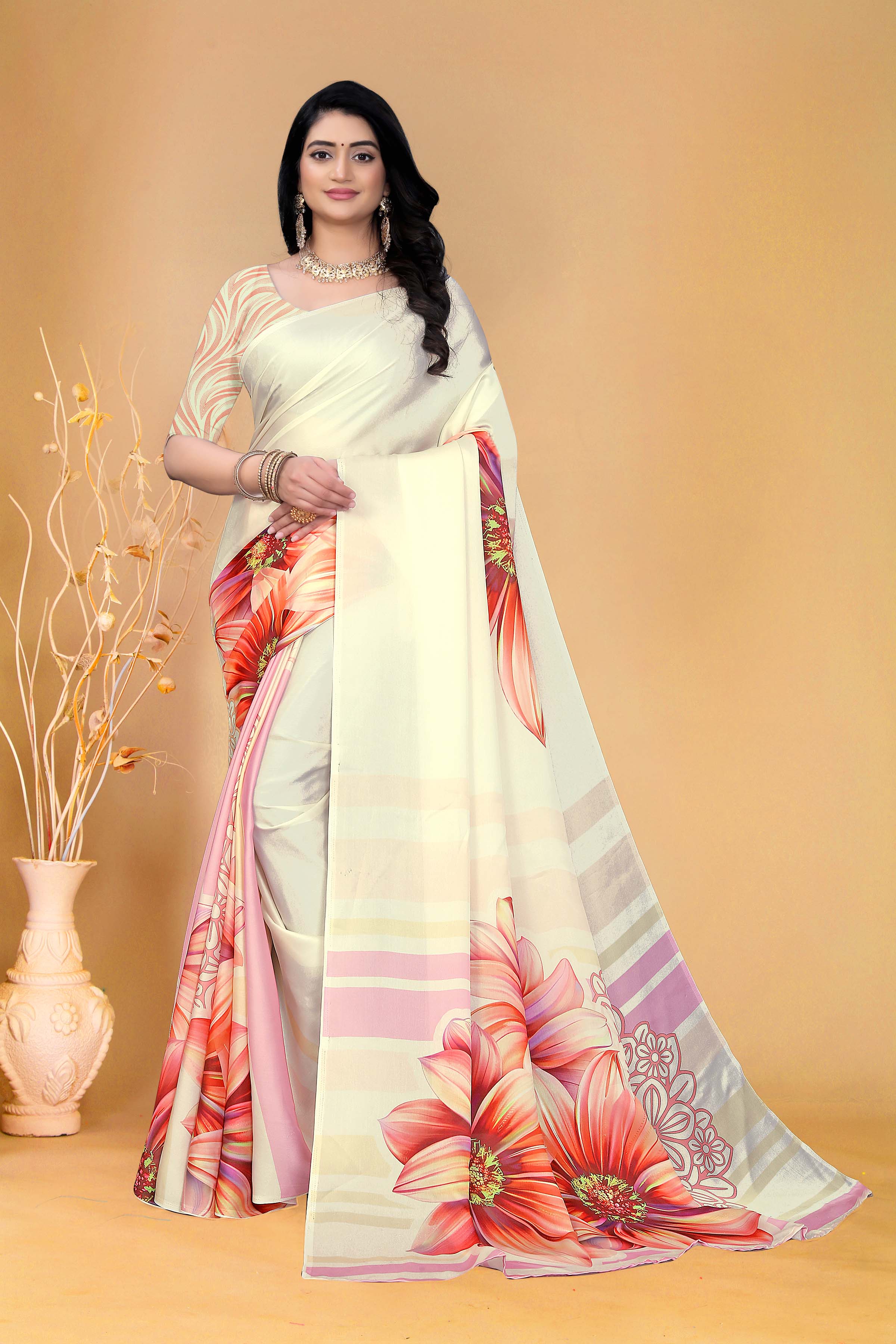 Elegant Cream Saree with Bold Floral Design and Subtle Pastel Stripe Accents for Timeless Style