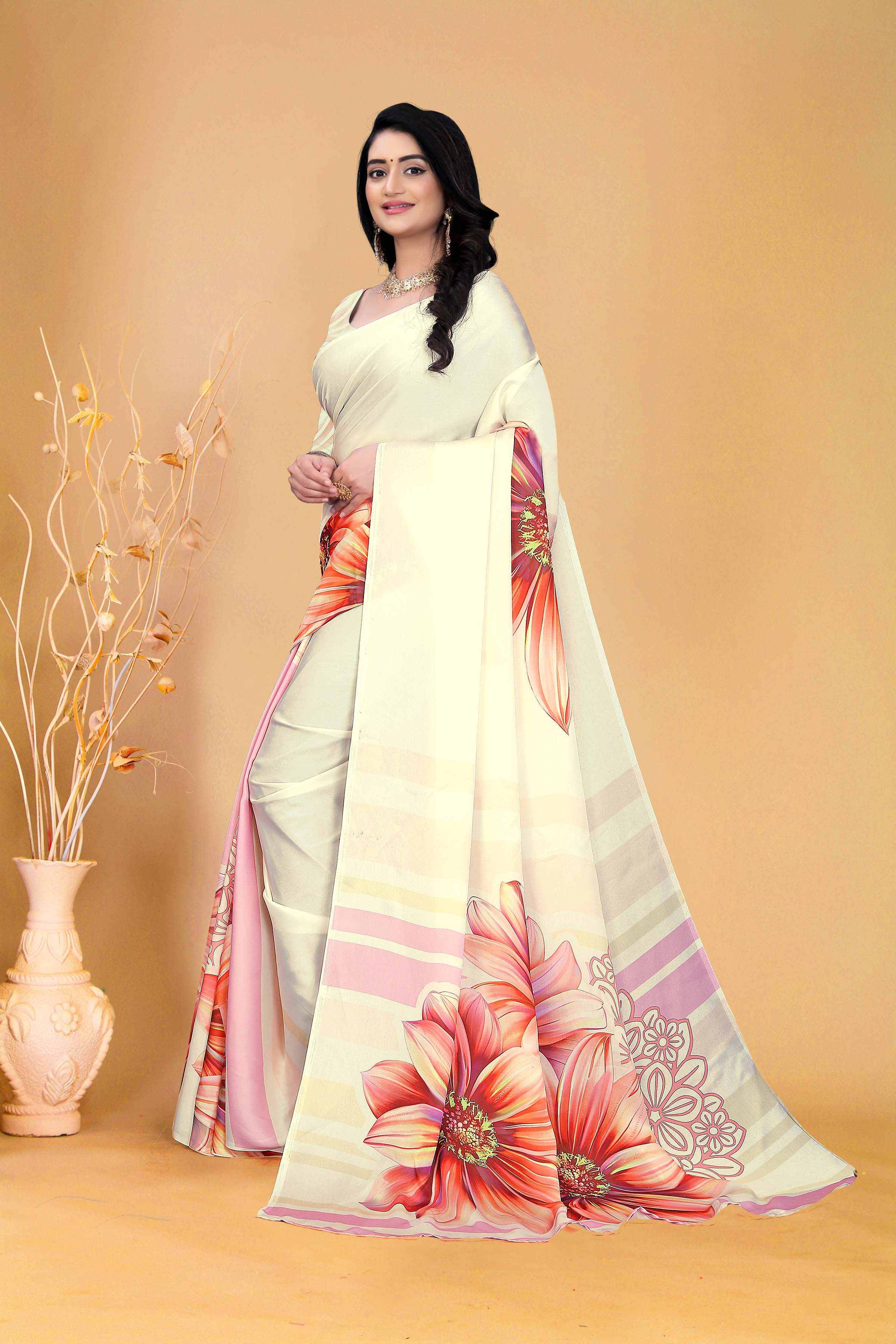Elegant Cream Saree with Bold Floral Design and Subtle Pastel Stripe Accents for Timeless Style