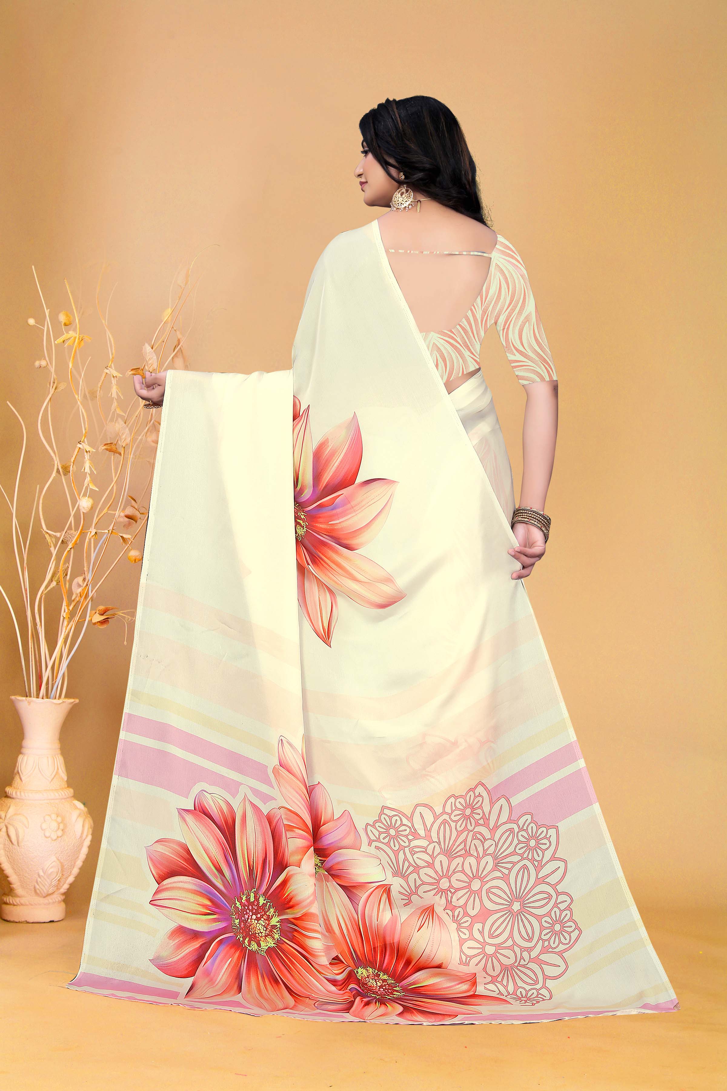 Elegant Cream Saree with Bold Floral Design and Subtle Pastel Stripe Accents for Timeless Style