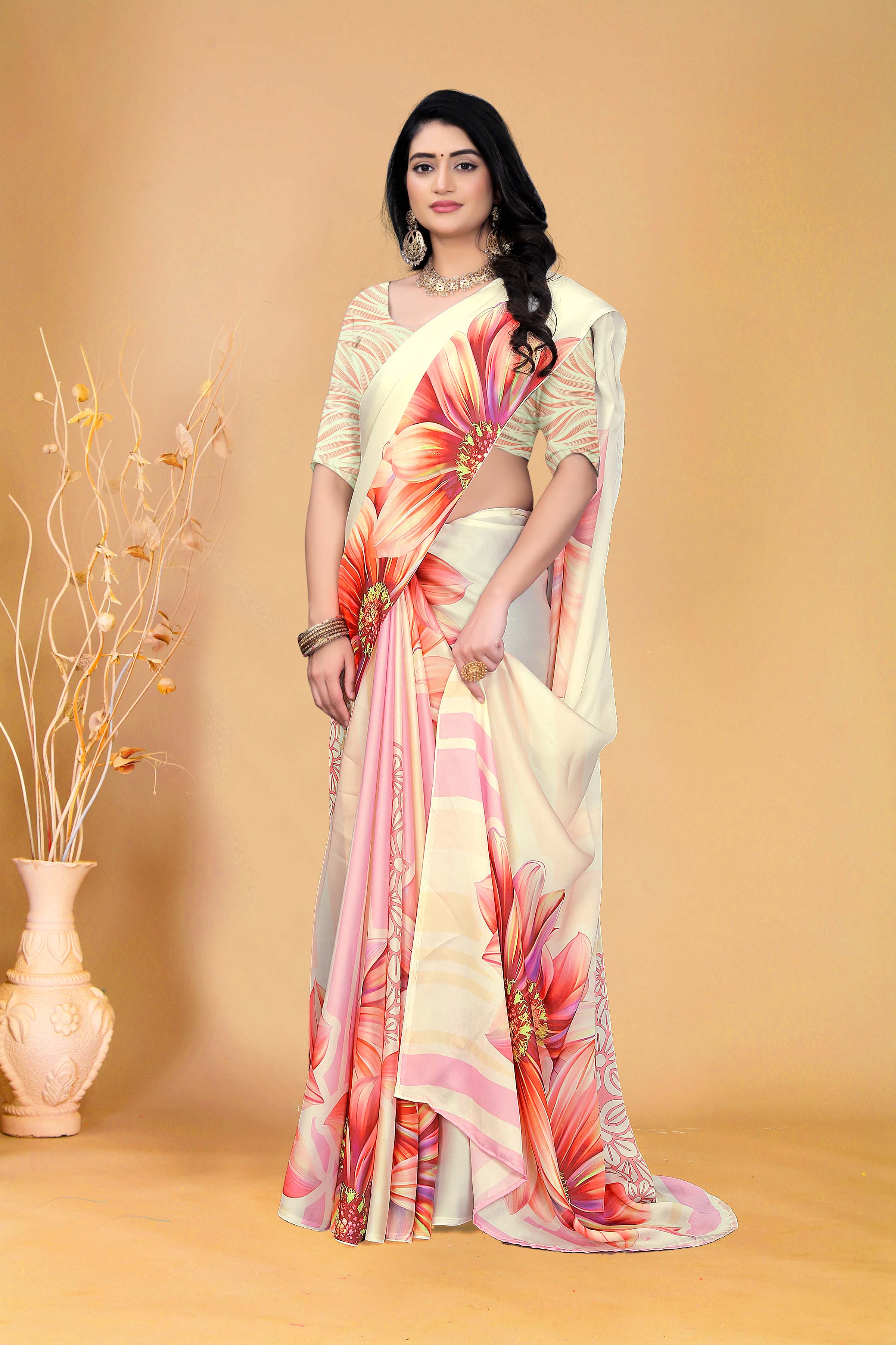 Elegant Cream Saree with Bold Floral Design and Subtle Pastel Stripe Accents for Timeless Style