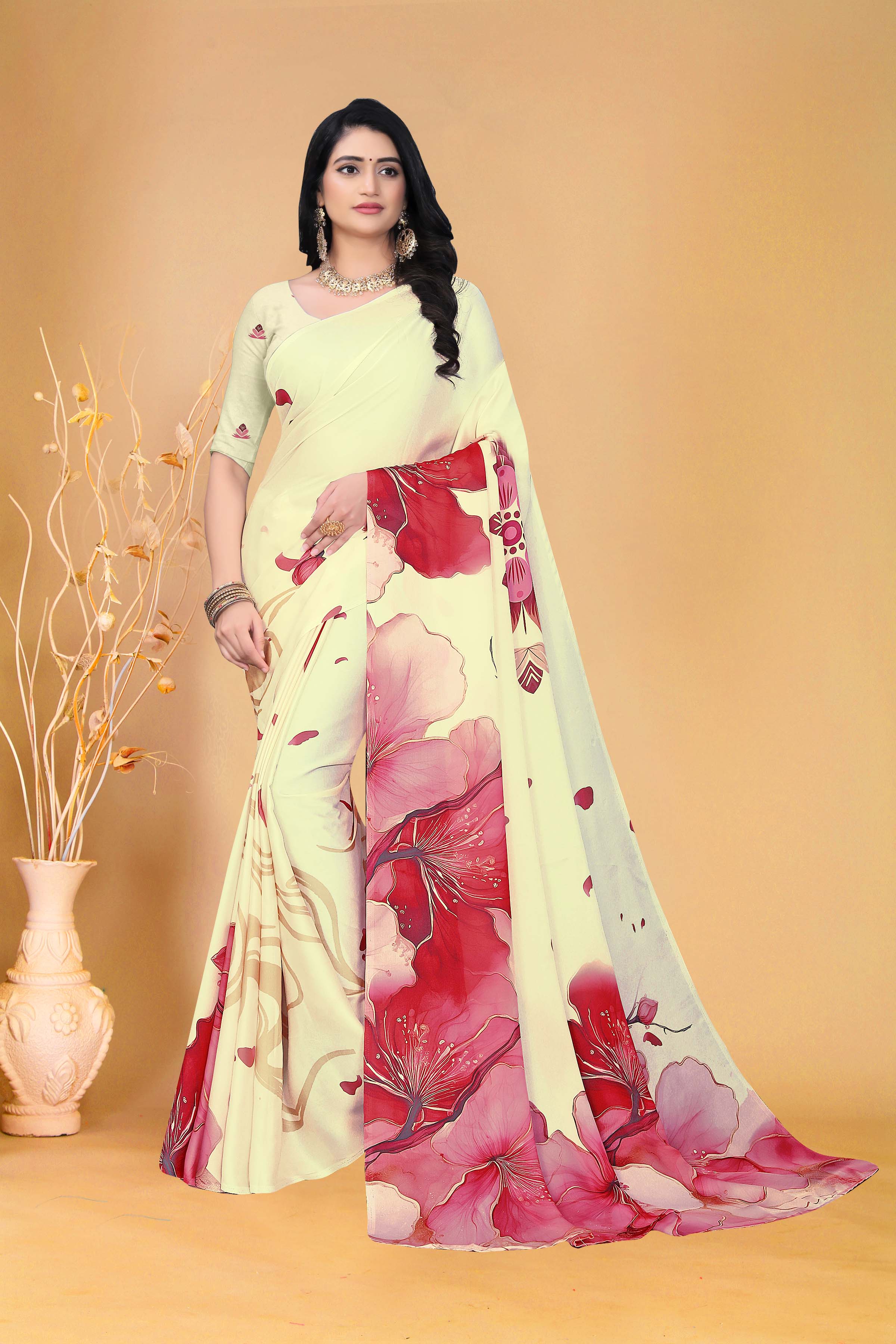 Graceful Cream and Pink Floral Georgette Saree