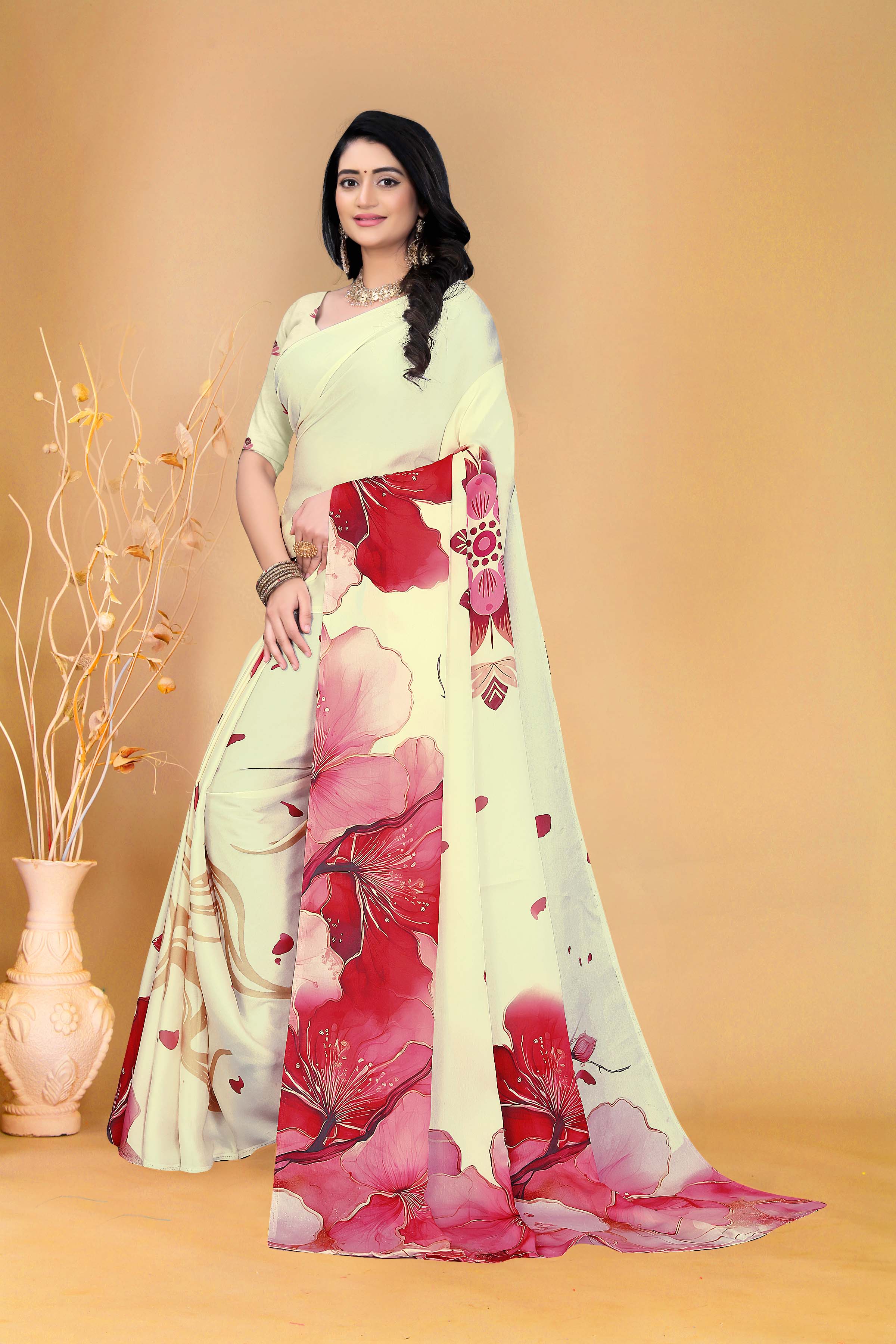 Graceful Cream and Pink Floral Georgette Saree