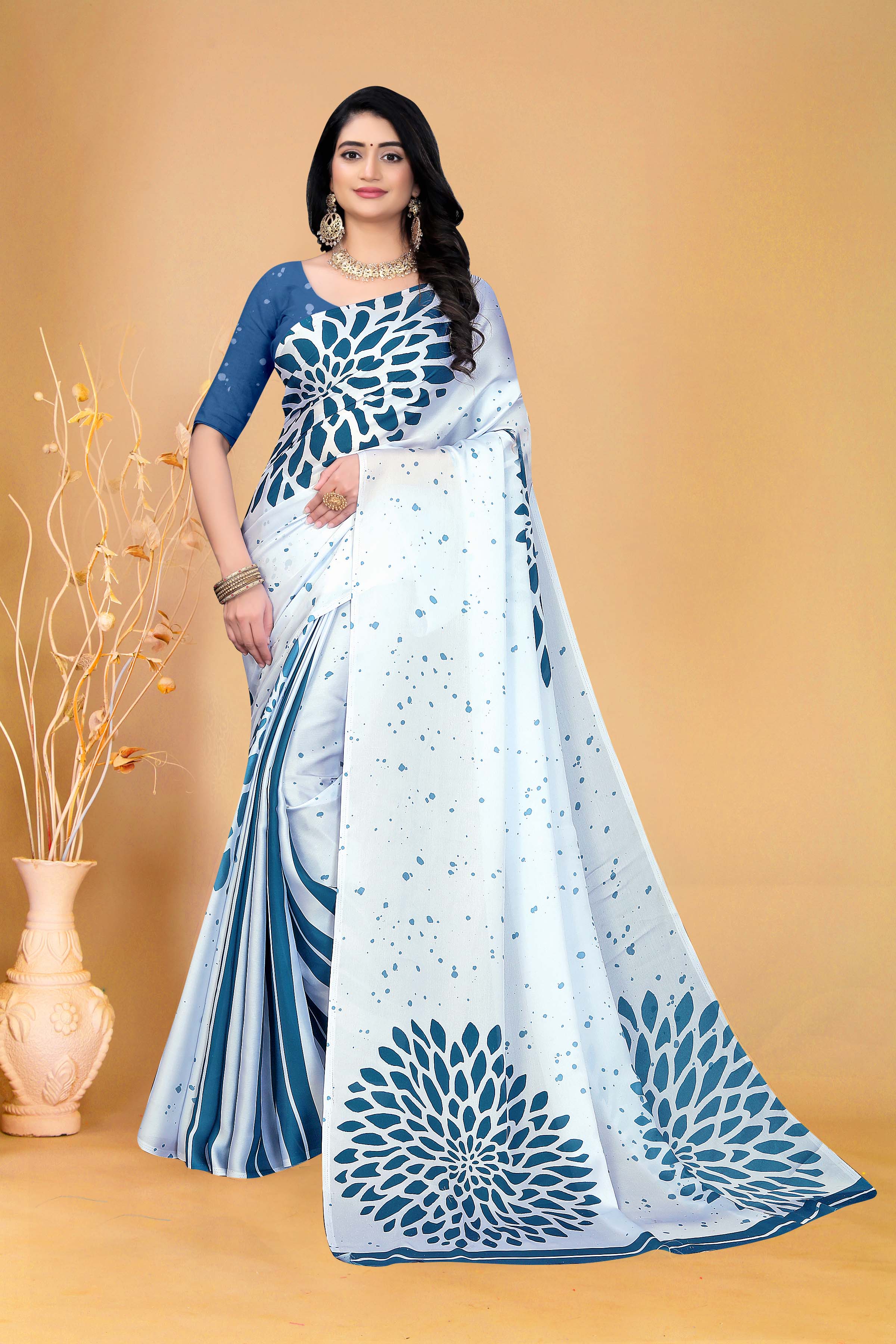 Elegant White and Blue Floral Silk Saree