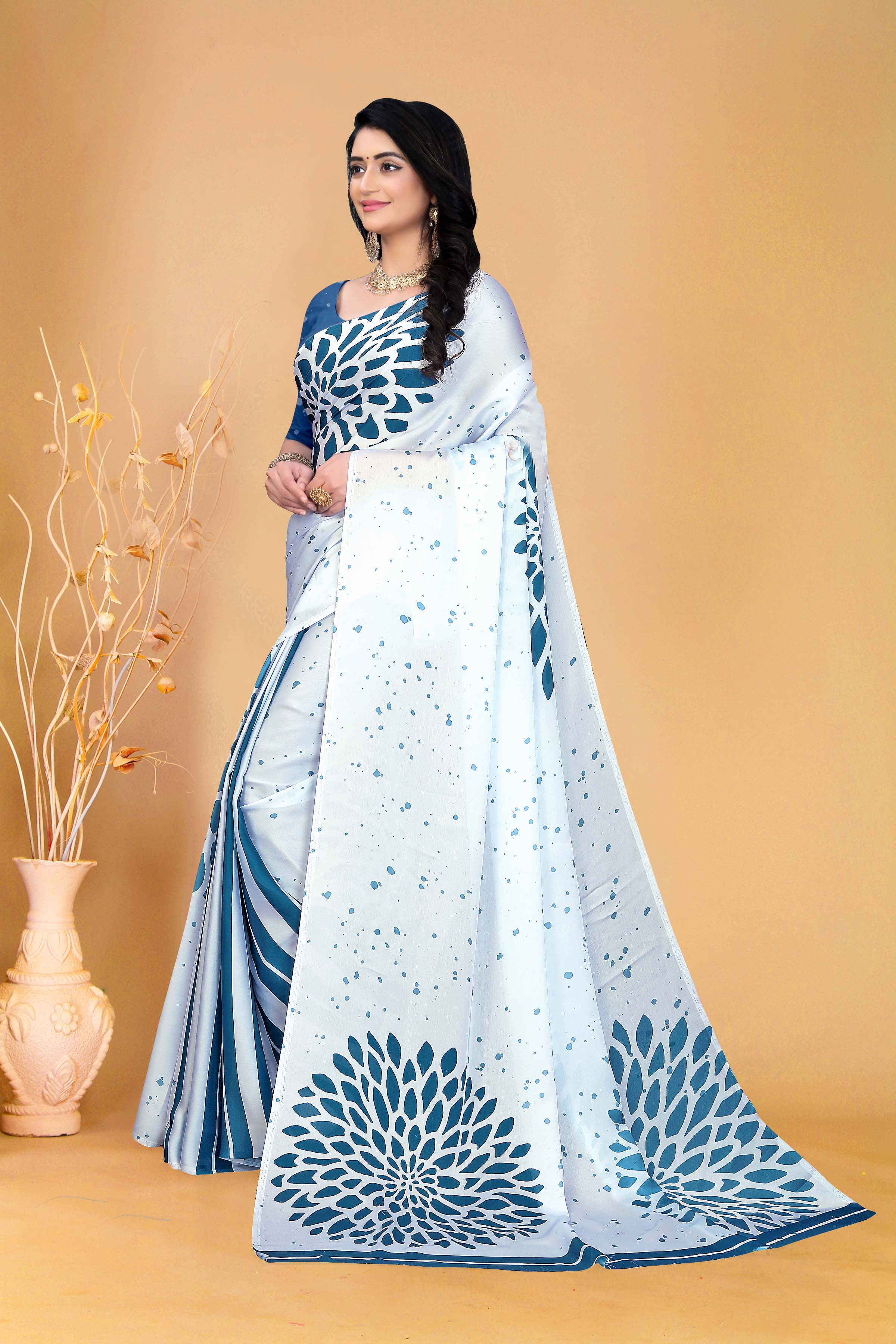 Elegant White and Blue Floral Silk Saree