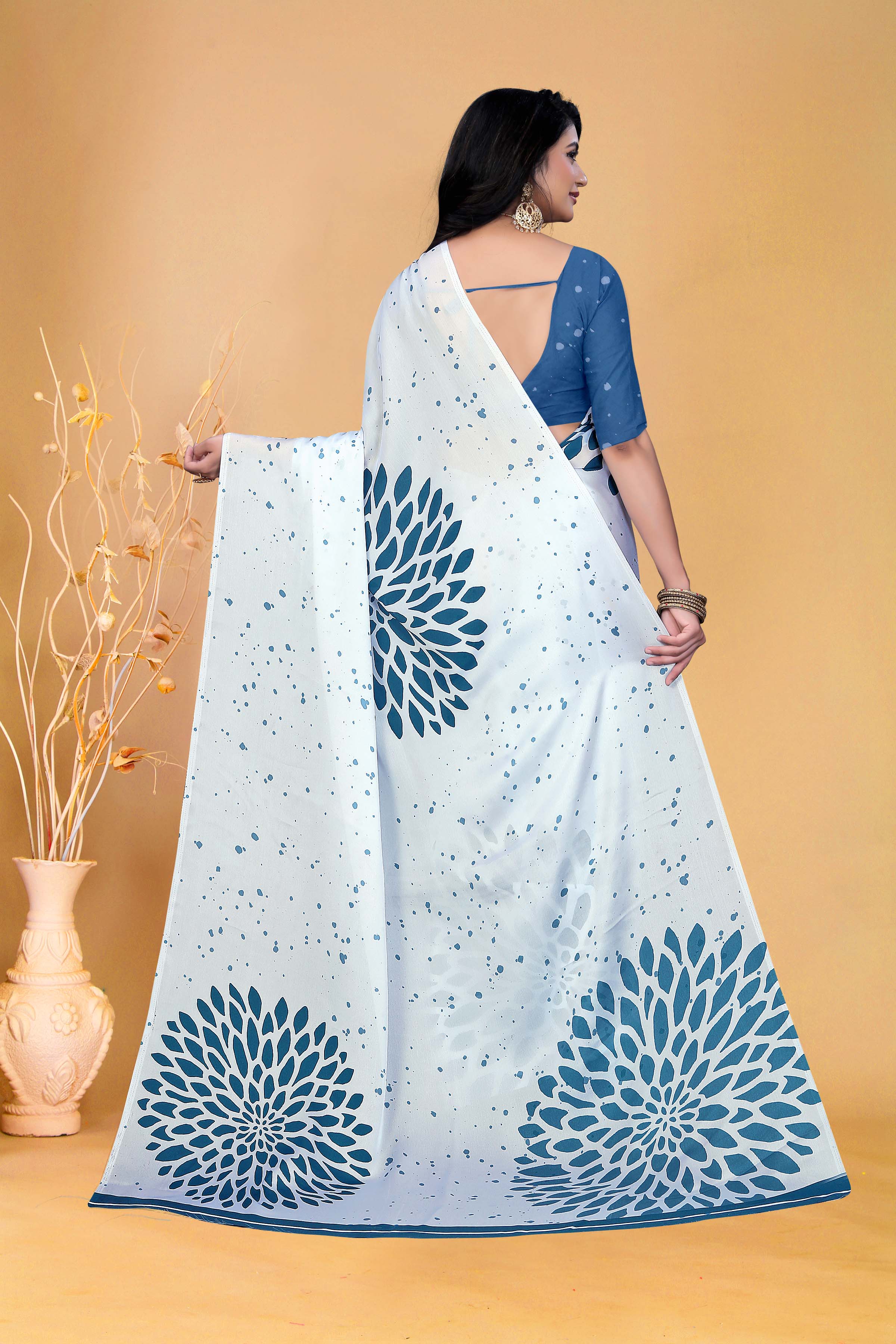 Elegant White and Blue Floral Silk Saree