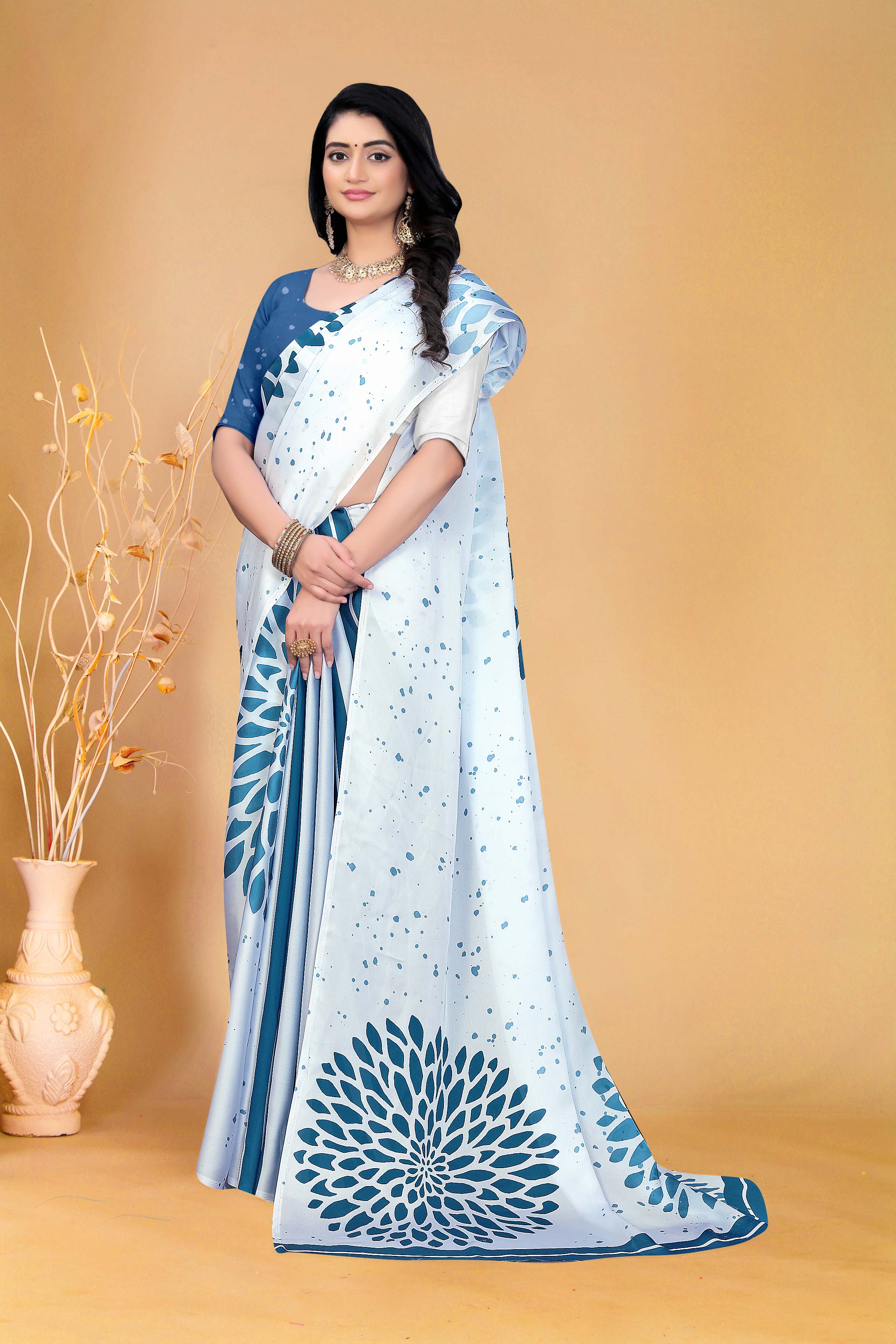 Elegant White and Blue Floral Silk Saree