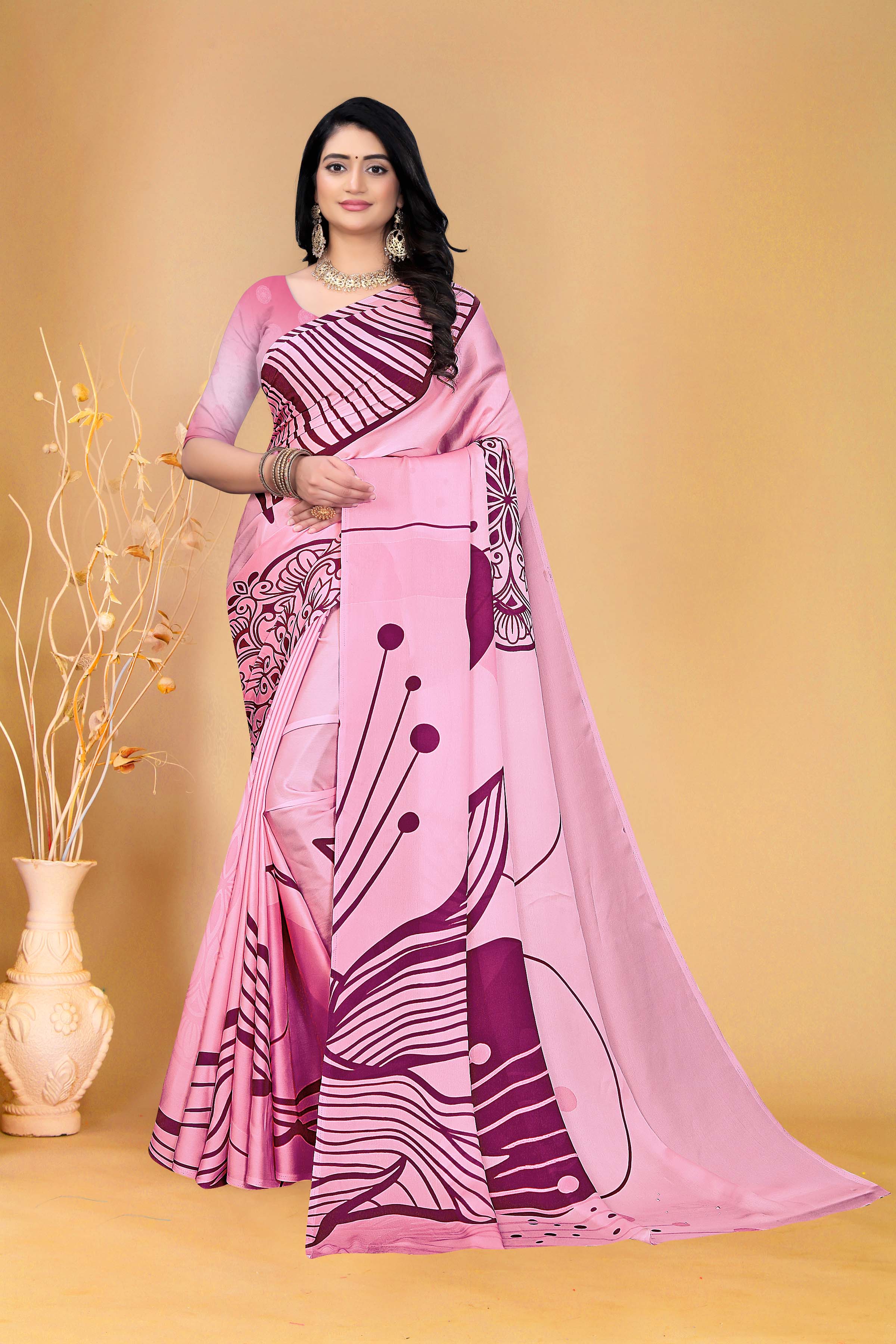 Elegant Pink Floral Printed Saree with Matching Blouse