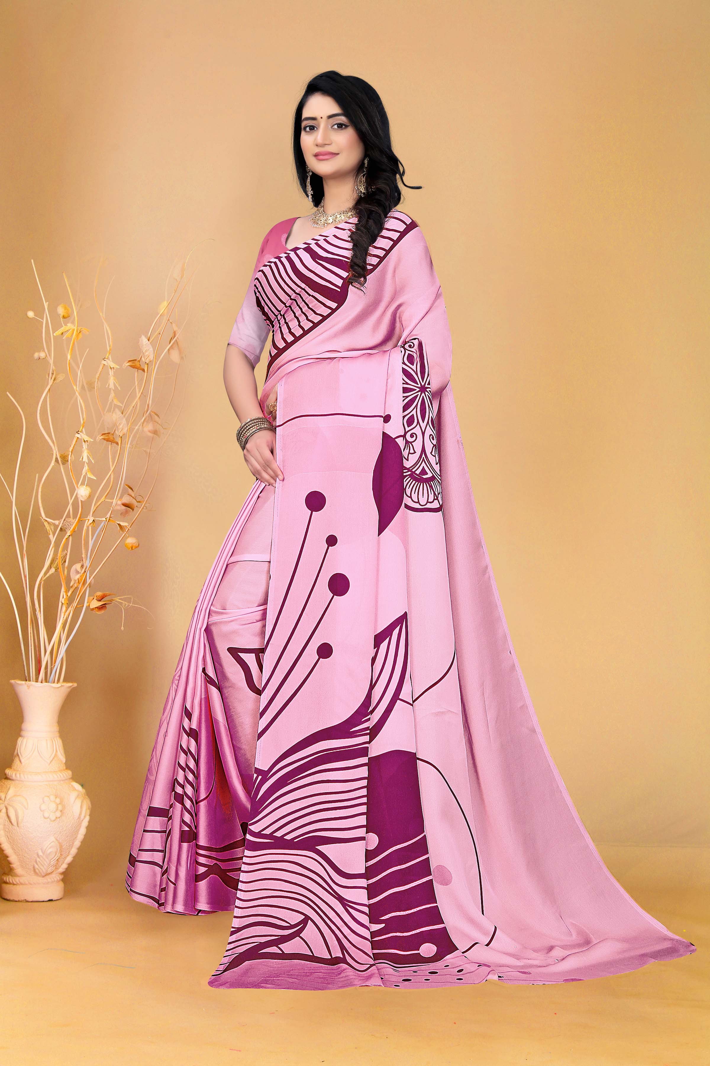 Elegant Pink Floral Printed Saree with Matching Blouse