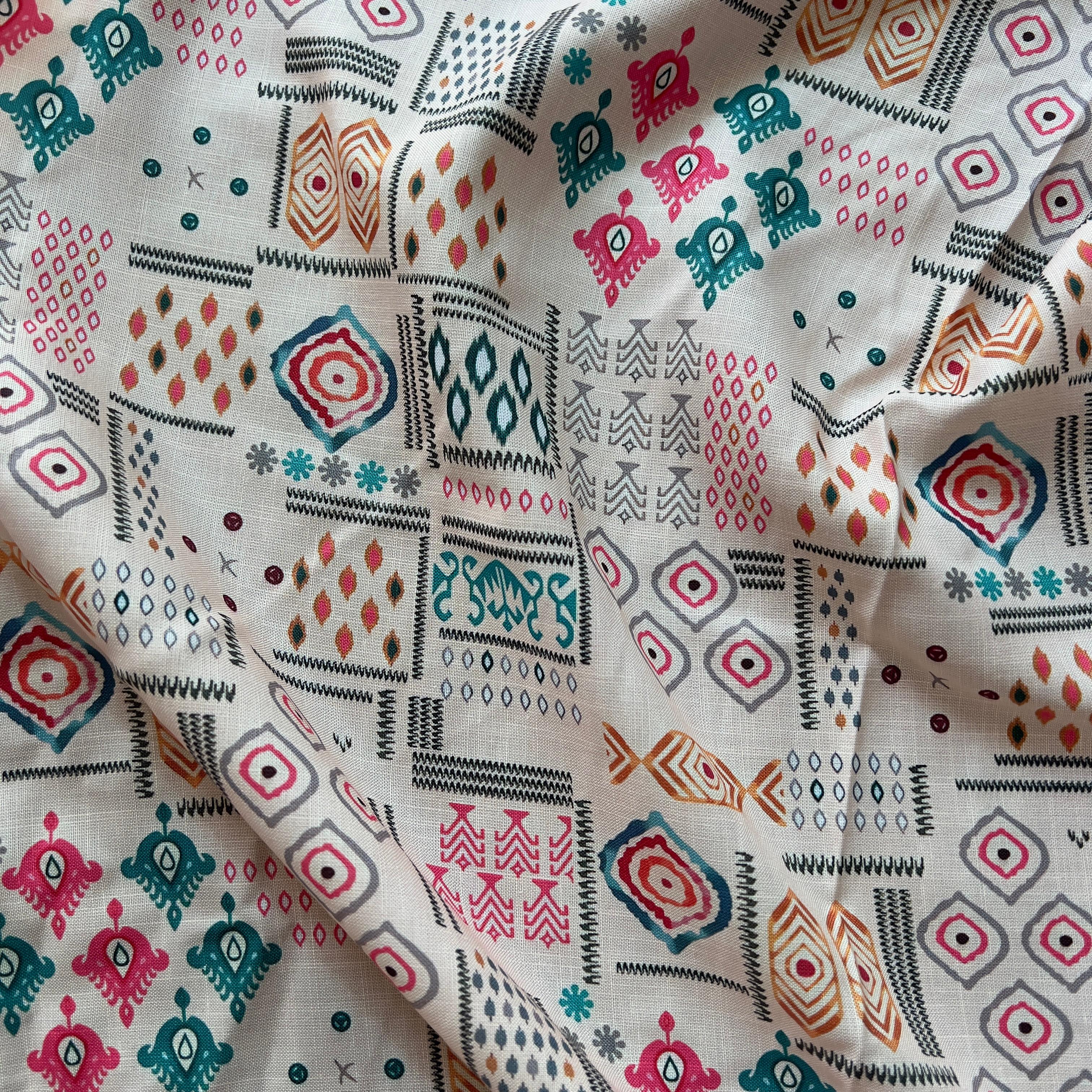 ethnic digital print with ikat stock vector on linen