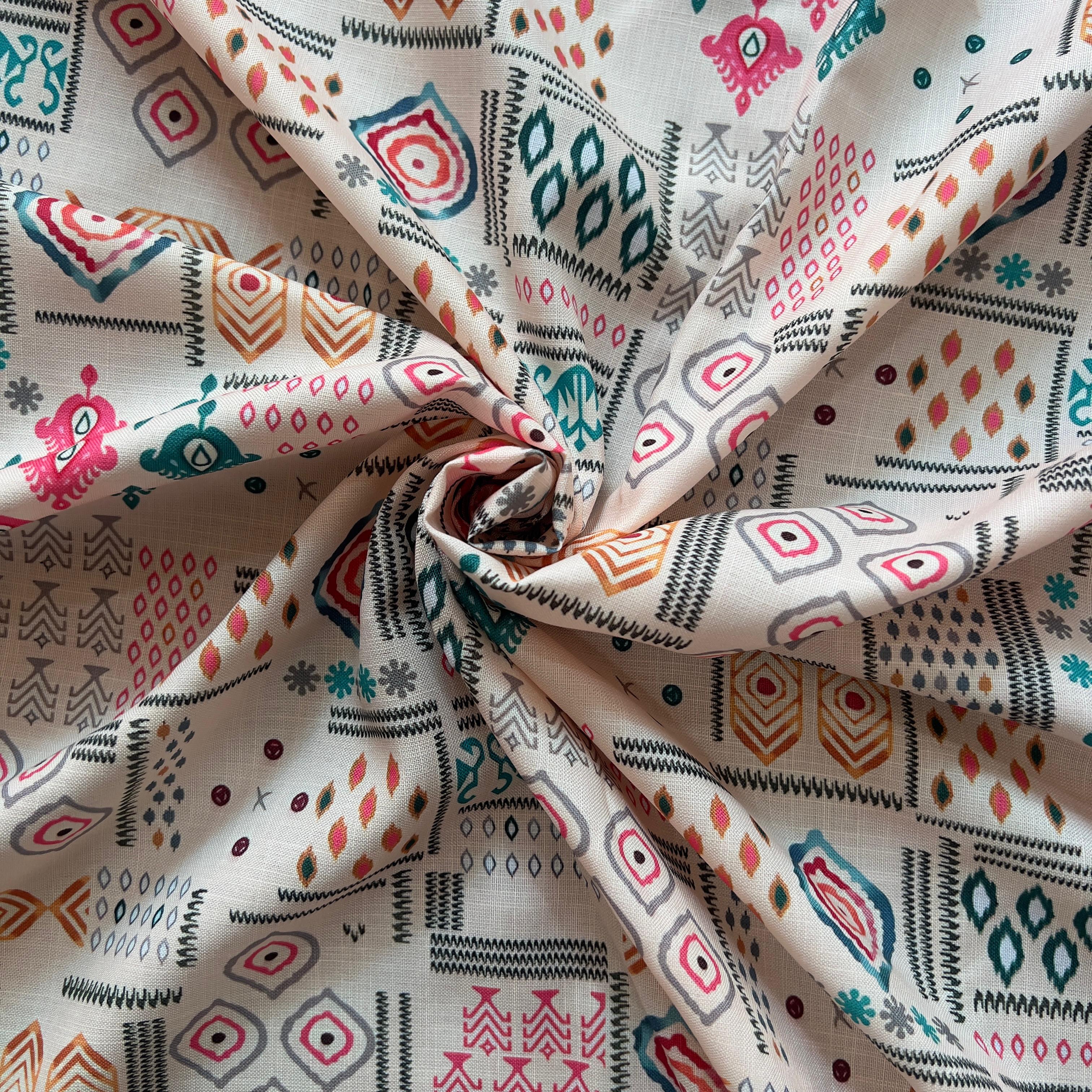 ethnic digital print with ikat stock vector on linen