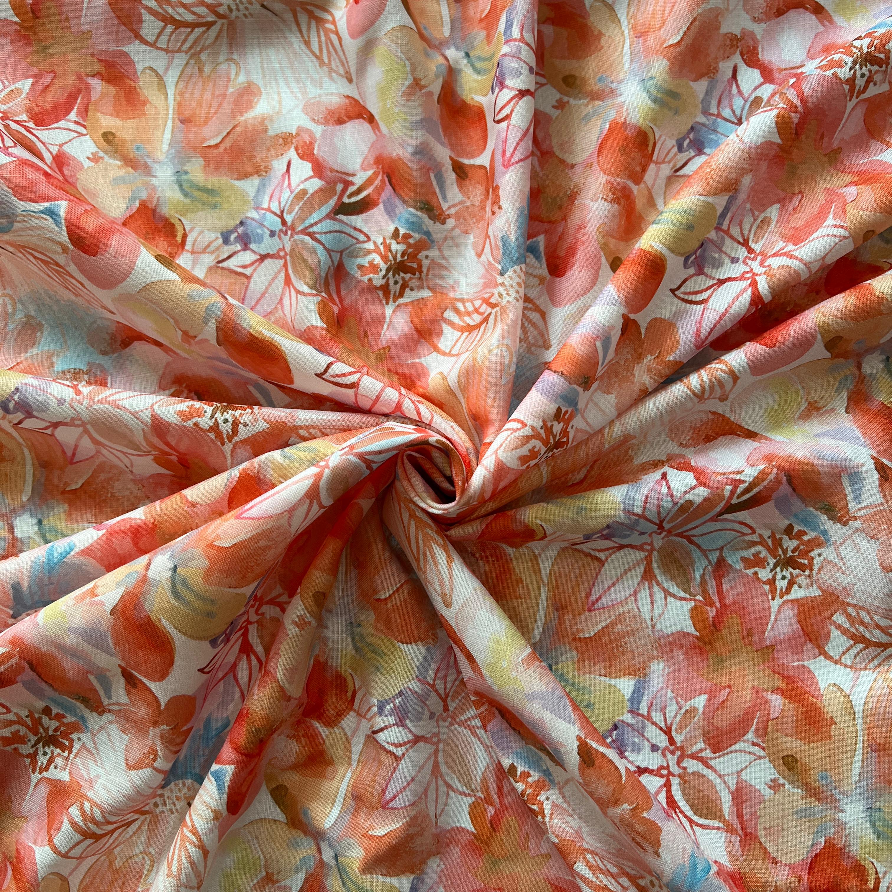 watercolor effect floral  digital print on linen