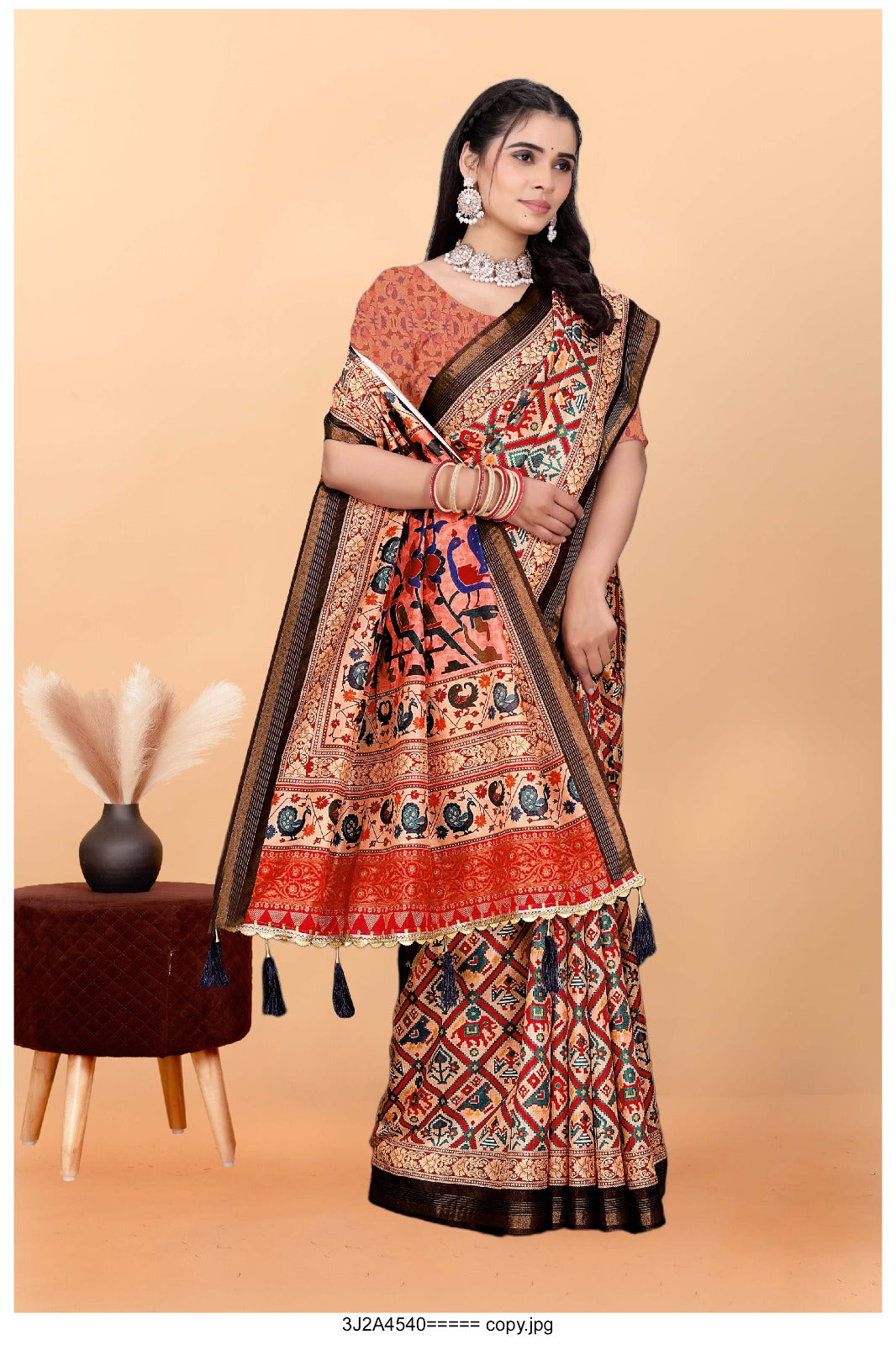 Tribal-Inspired Printed Art Silk Saree with Traditional Motifs and Floral Pallu