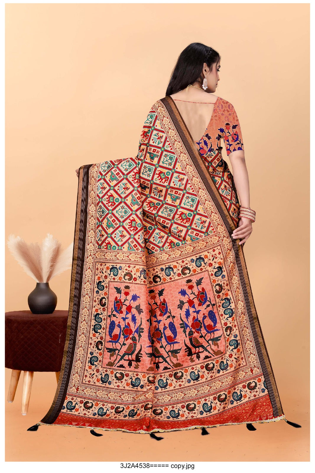 Tribal-Inspired Printed Art Silk Saree with Traditional Motifs and Floral Pallu