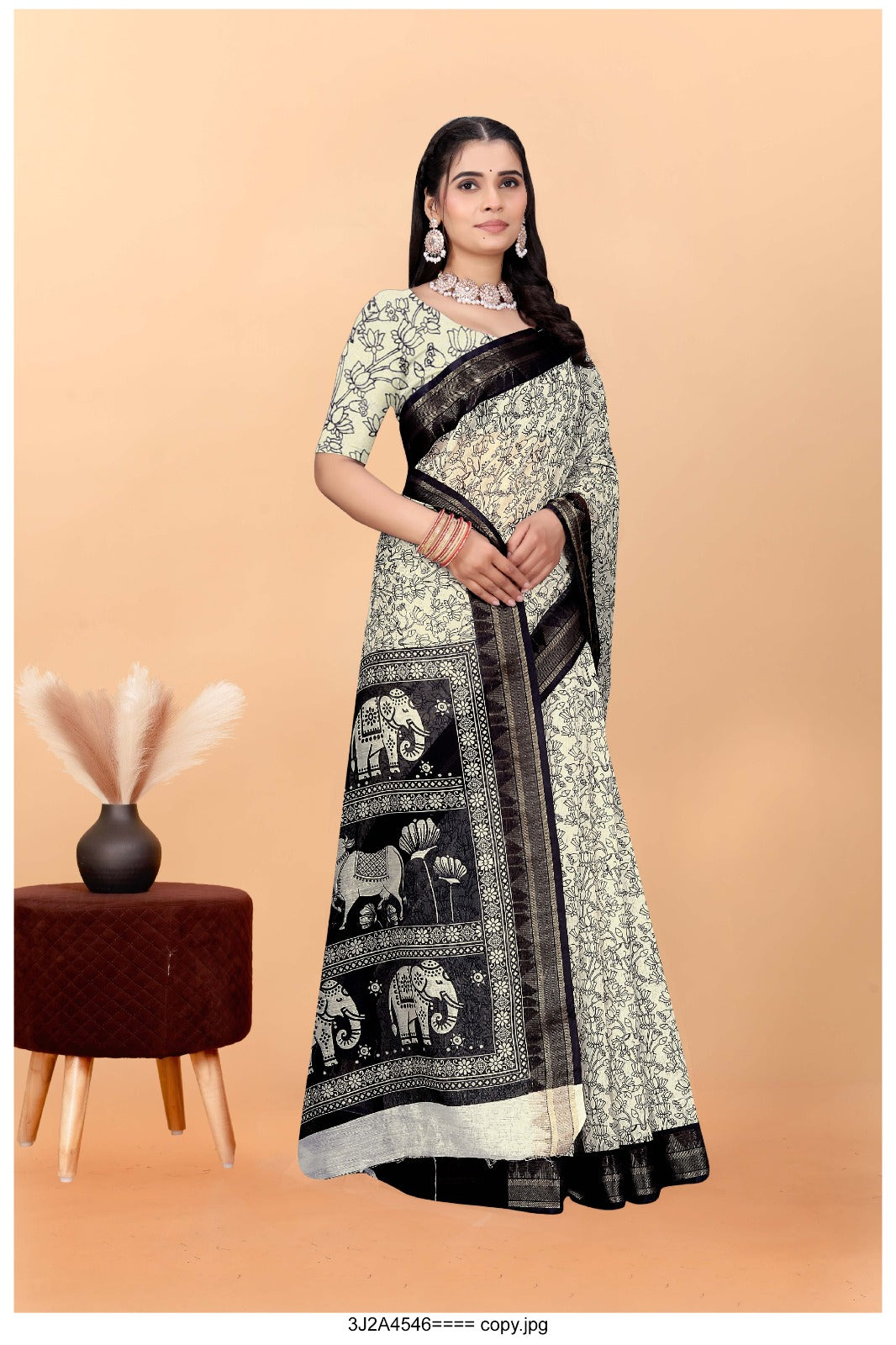 Elegant Black & White Kalamkari Printed Saree with Traditional Elephant Motif Border