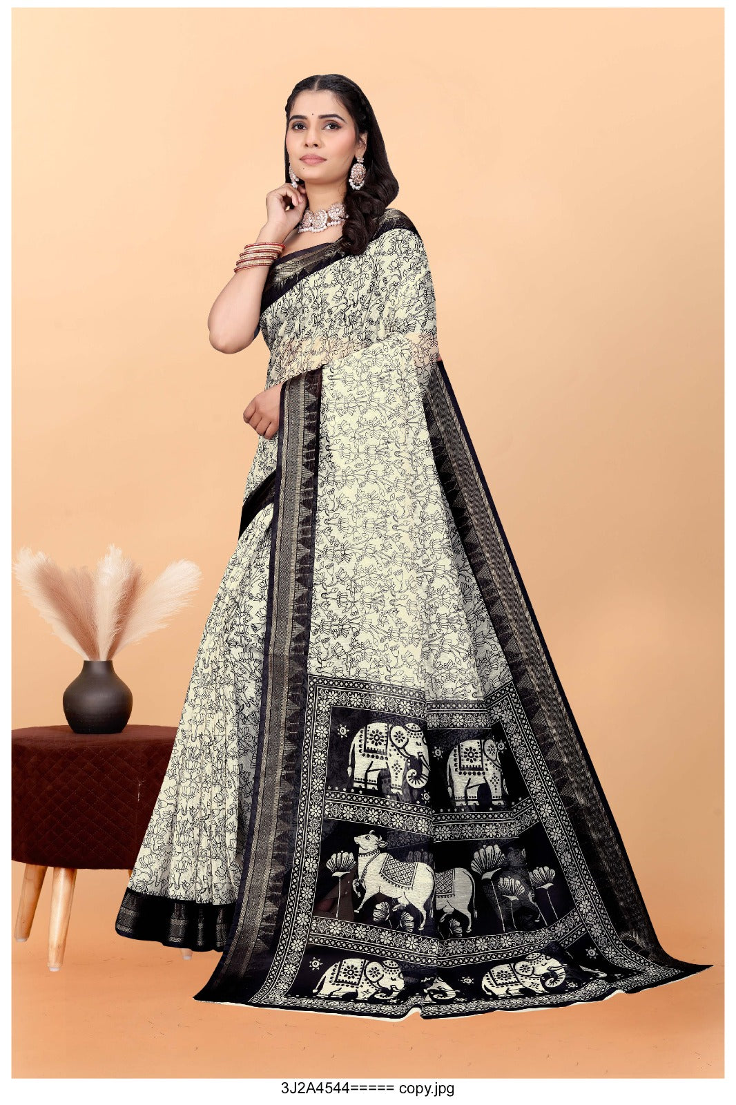 Elegant Black & White Kalamkari Printed Saree with Traditional Elephant Motif Border
