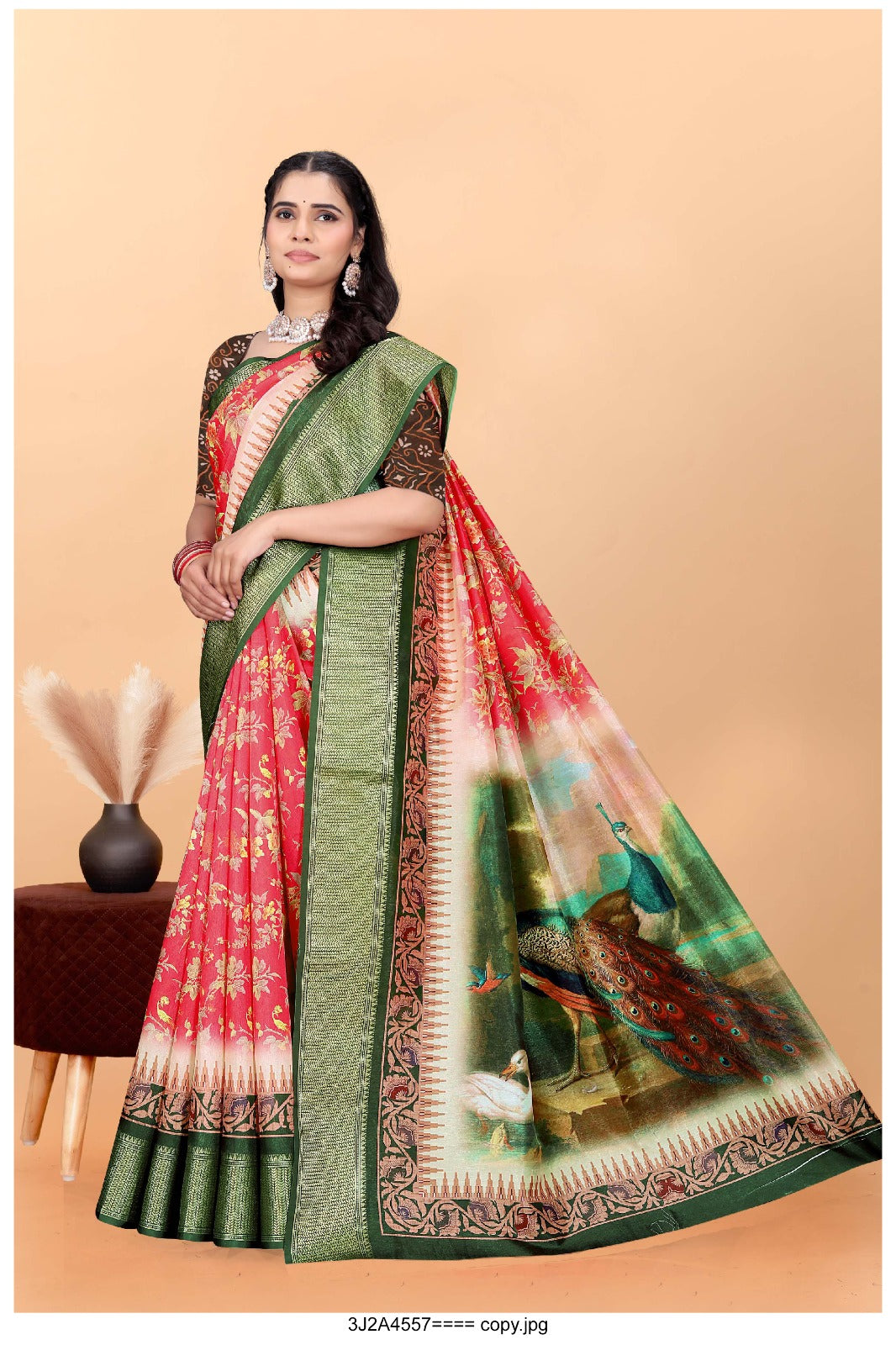 Regal Red & Green Art Silk Saree with Majestic Peacock Digital Print & Floral Motifs