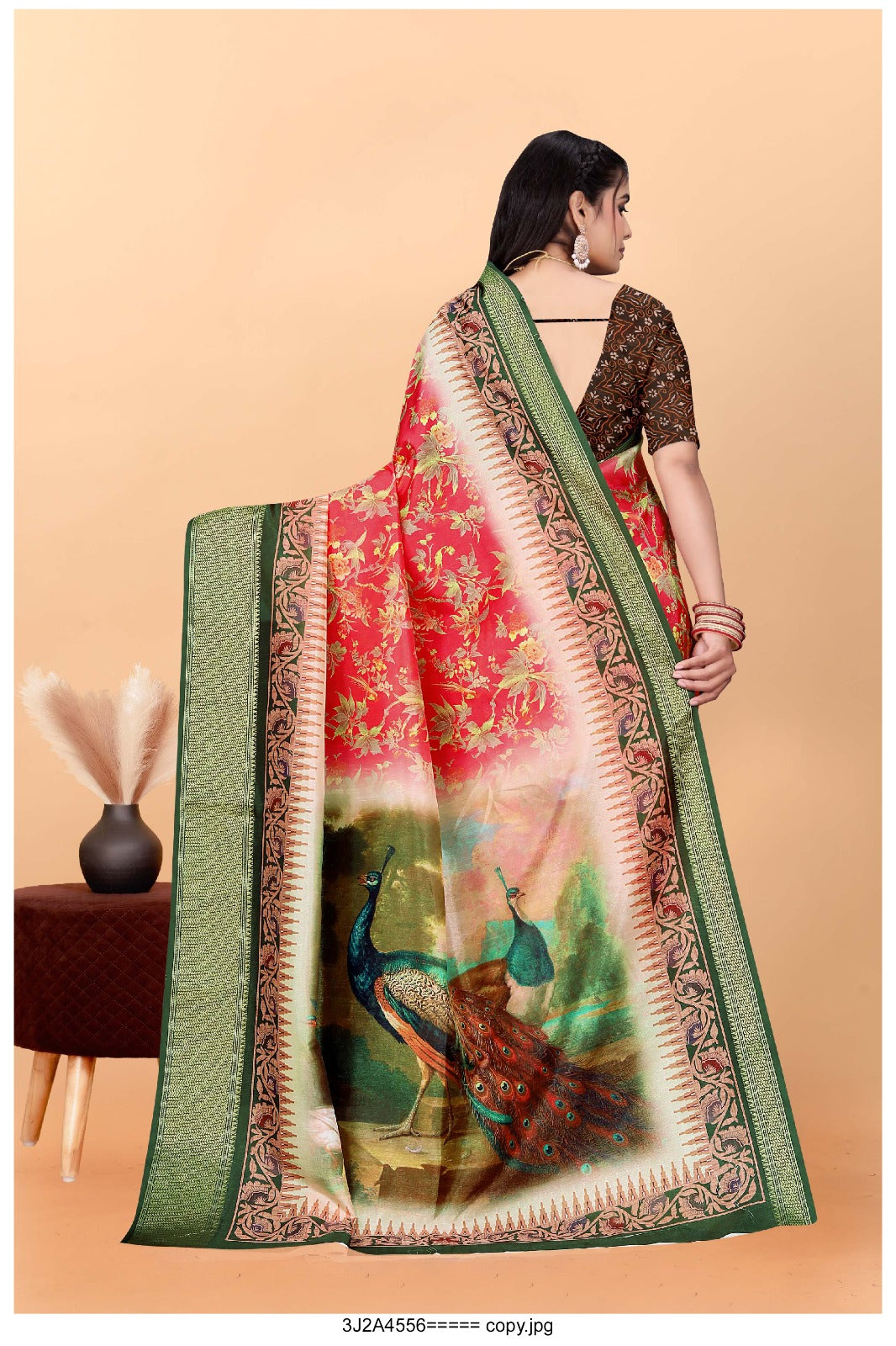 Regal Red & Green Art Silk Saree with Majestic Peacock Digital Print & Floral Motifs