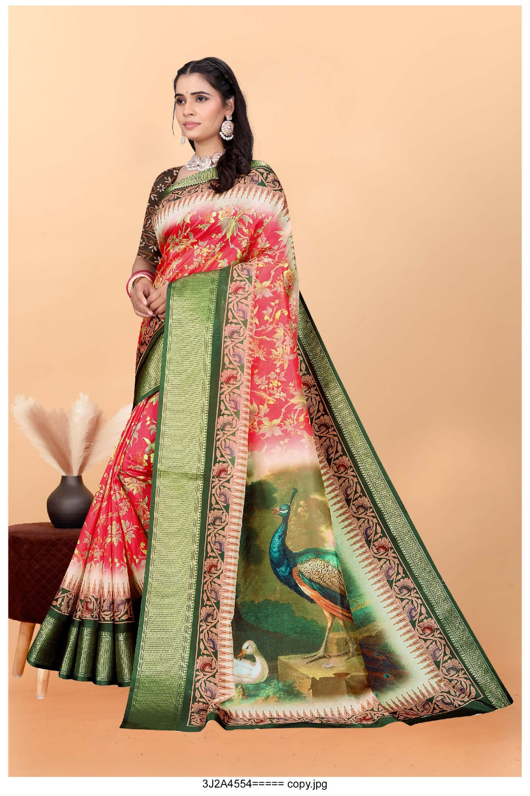 Regal Red & Green Art Silk Saree with Majestic Peacock Digital Print & Floral Motifs