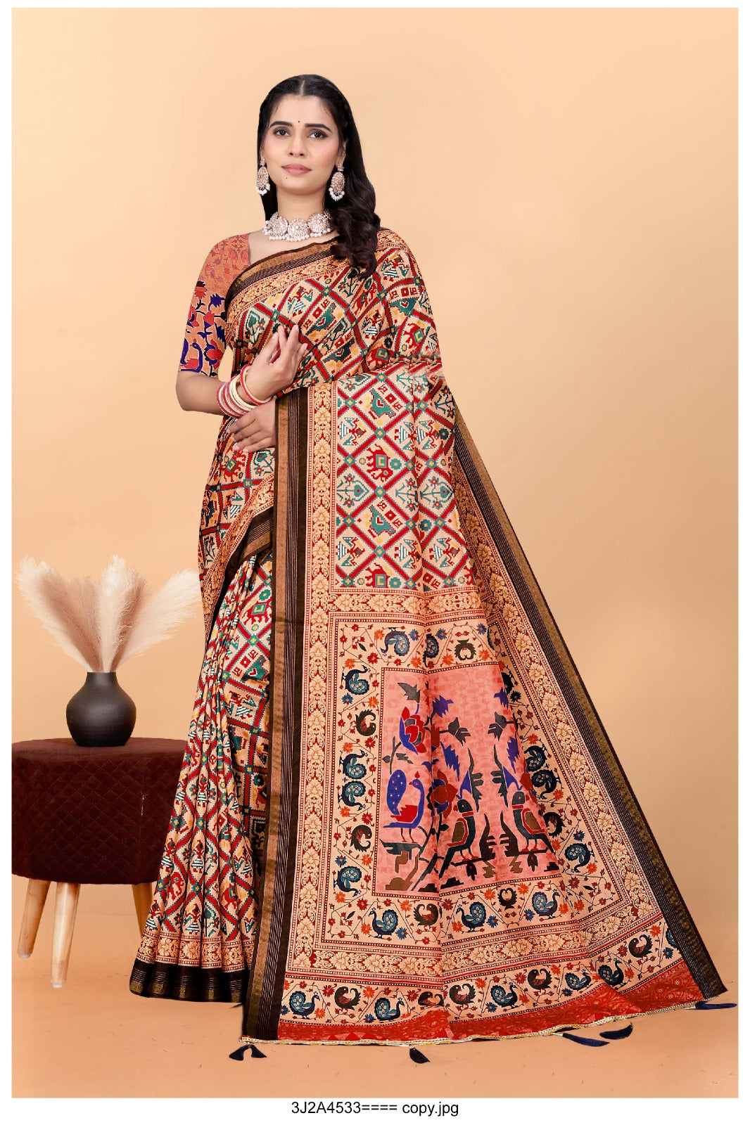 Tribal-Inspired Printed Art Silk Saree with Traditional Motifs and Floral Pallu