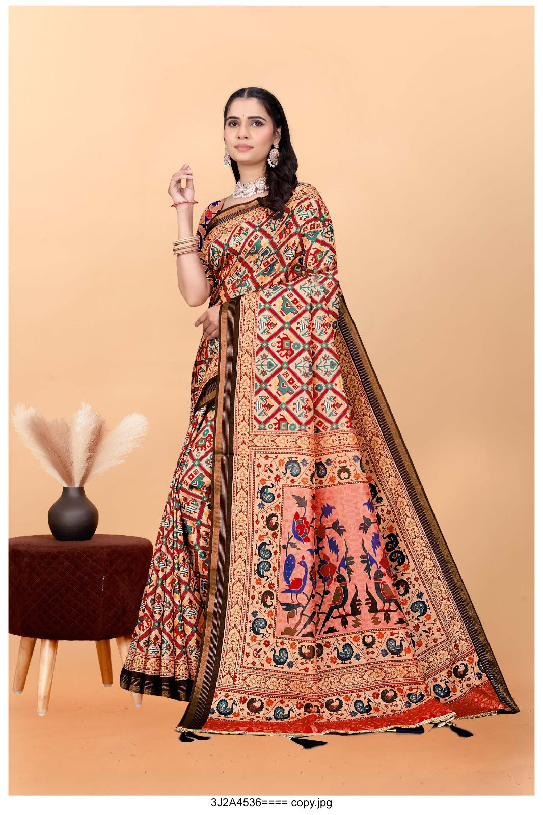 Tribal-Inspired Printed Art Silk Saree with Traditional Motifs and Floral Pallu