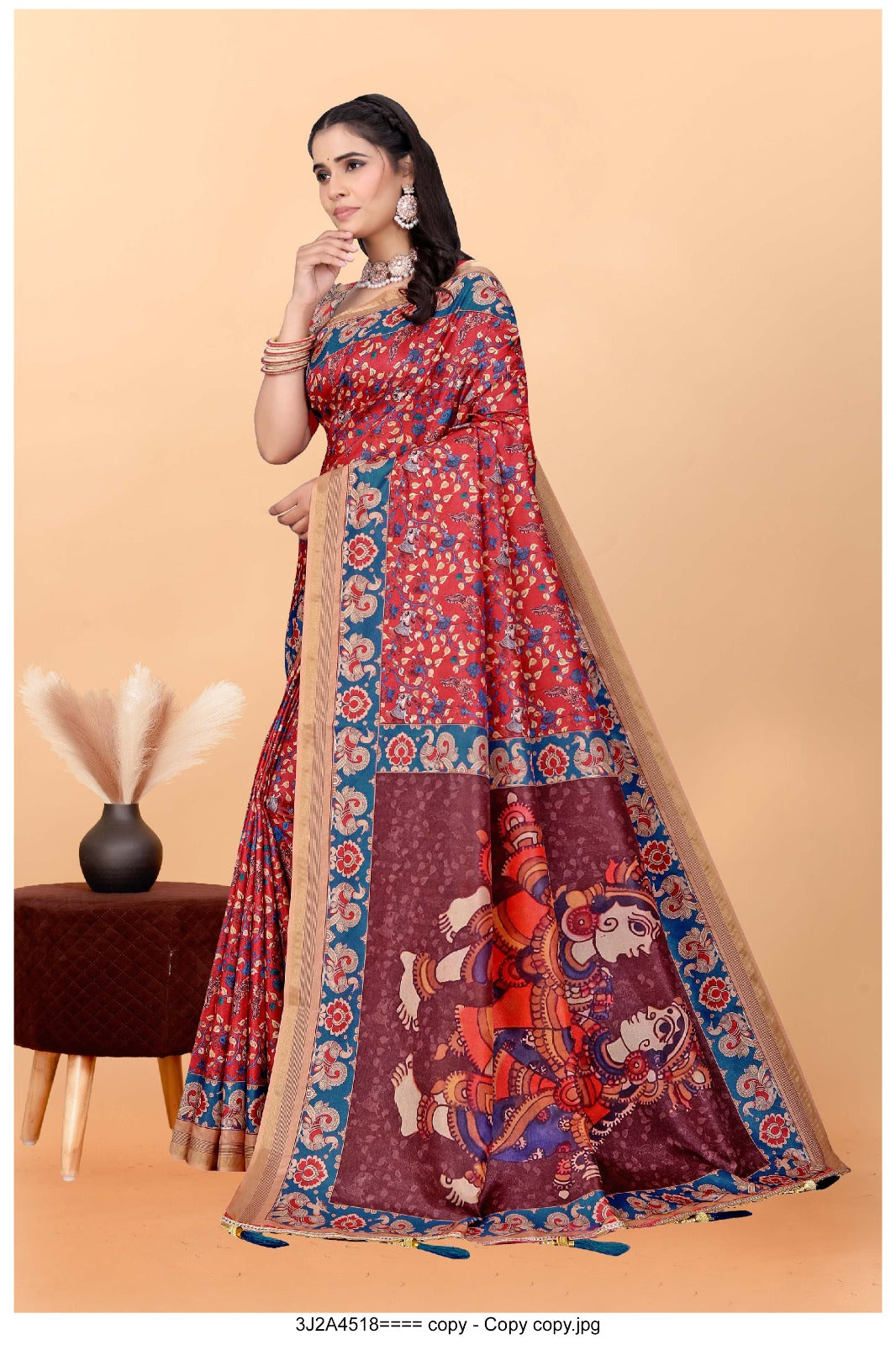 Cultural Bloom: Red Kalamkari Saree with Beige Border