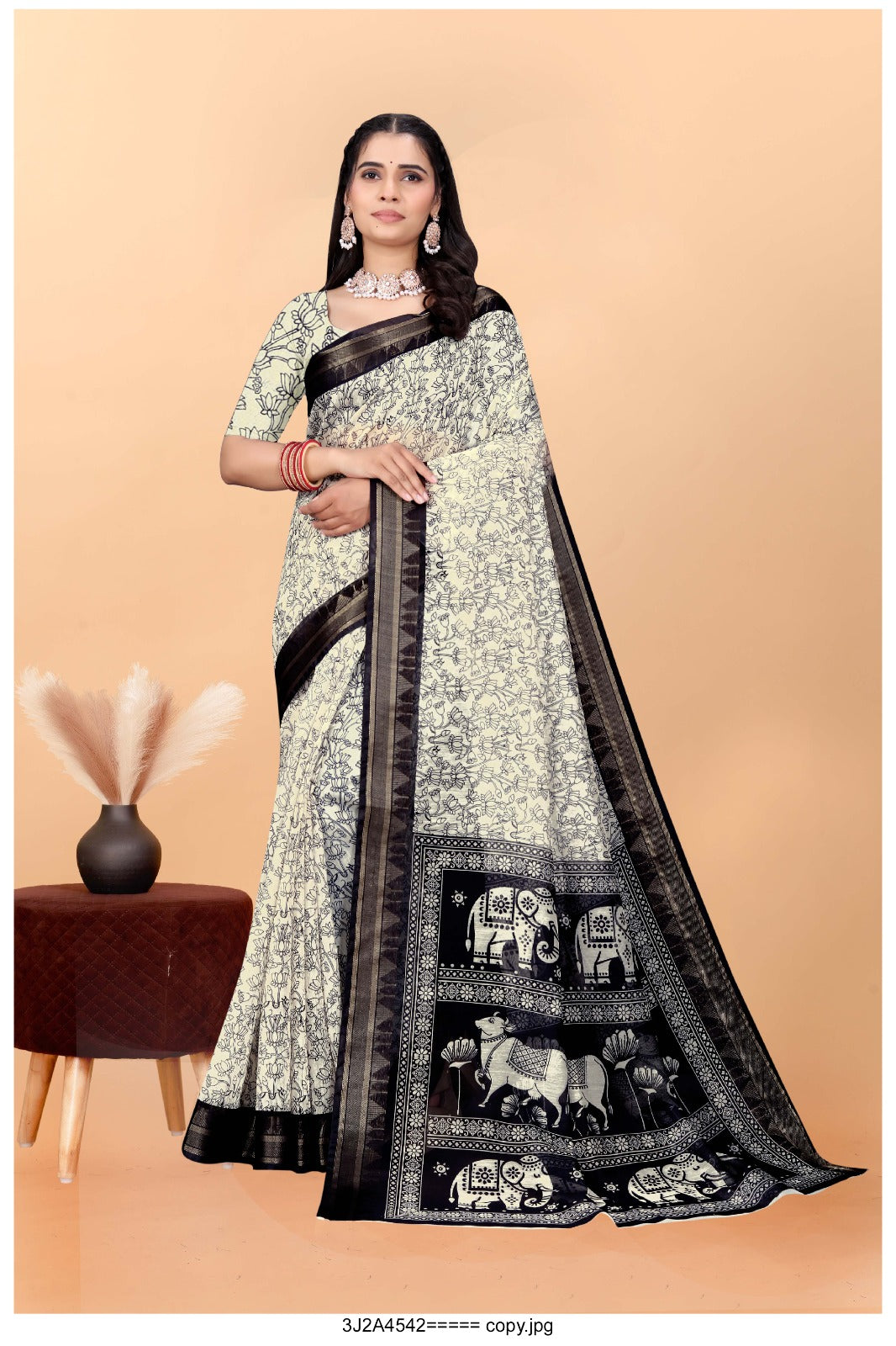 Elegant Black & White Kalamkari Printed Saree with Traditional Elephant Motif Border