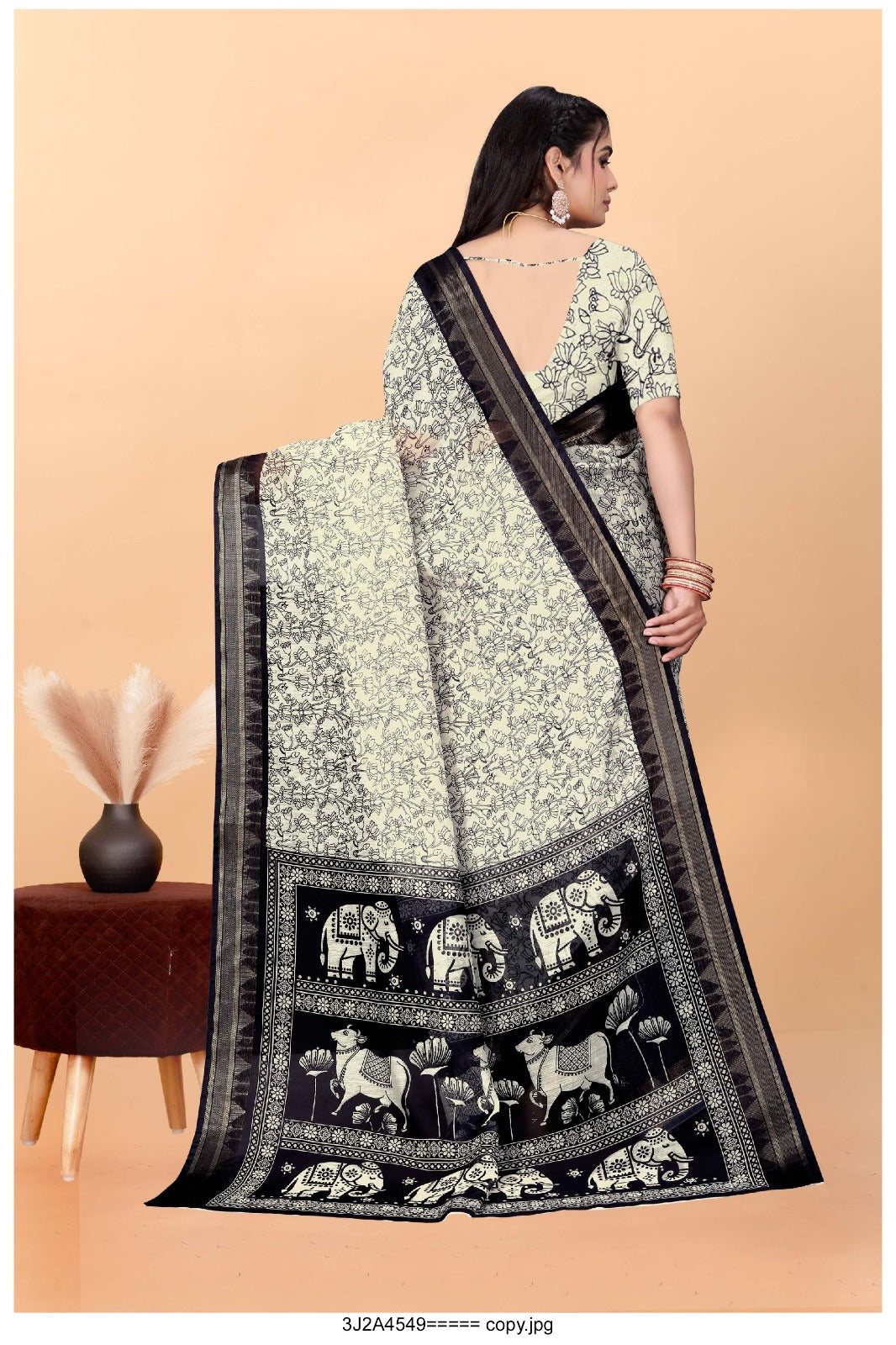 Elegant Black & White Kalamkari Printed Saree with Traditional Elephant Motif Border