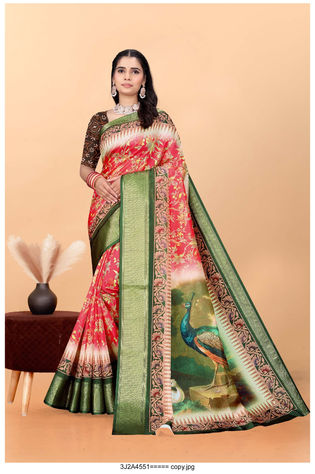 Regal Red & Green Art Silk Saree with Majestic Peacock Digital Print & Floral Motifs