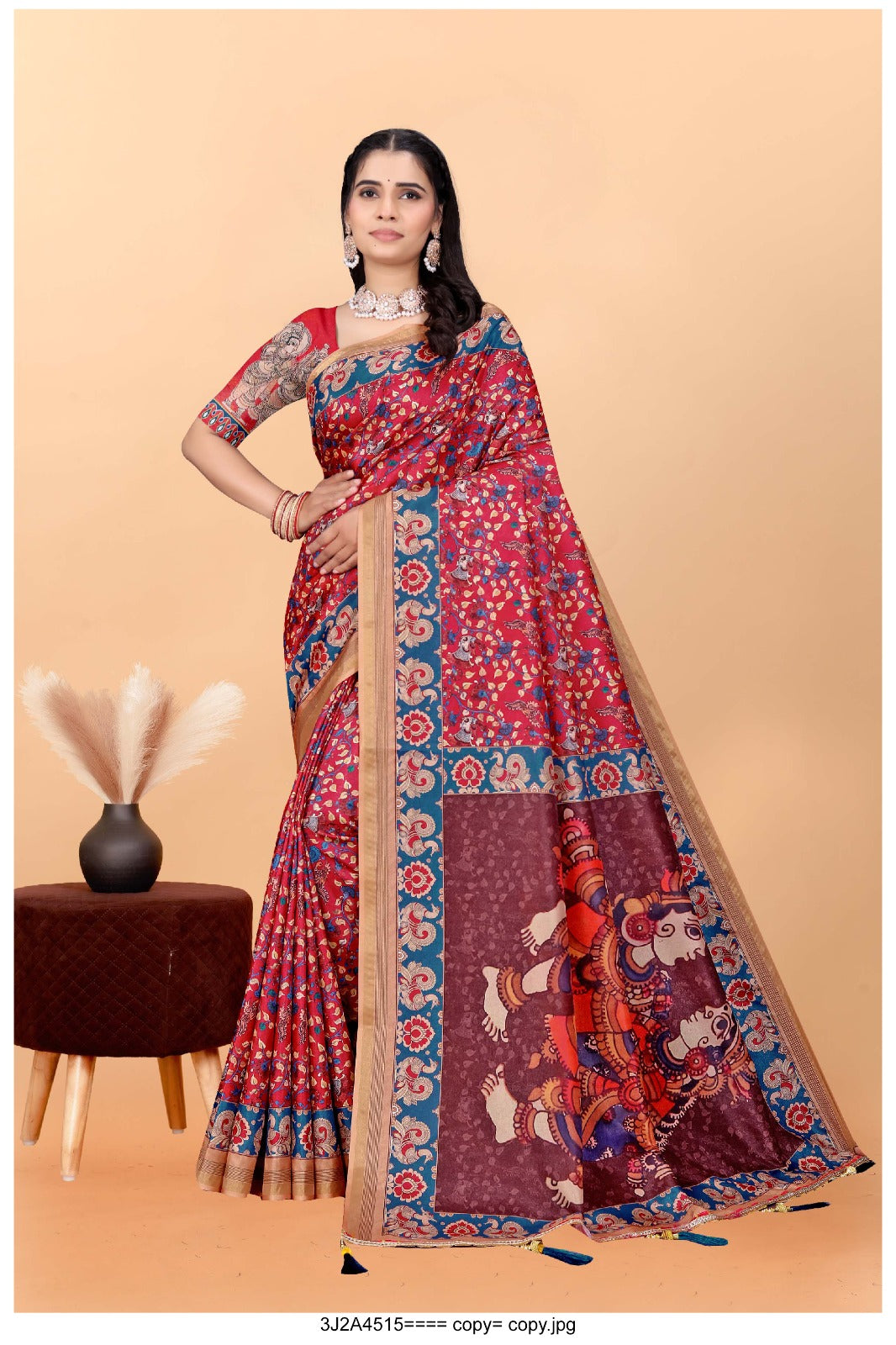 Cultural Bloom: Red Kalamkari Saree with Beige Border