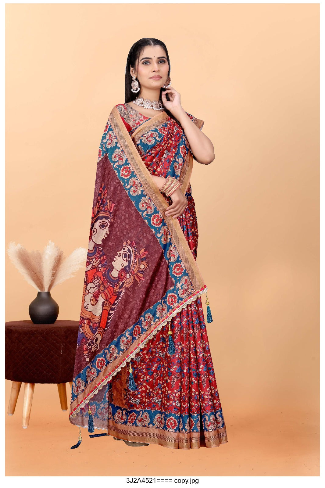 Cultural Bloom: Red Kalamkari Saree with Beige Border