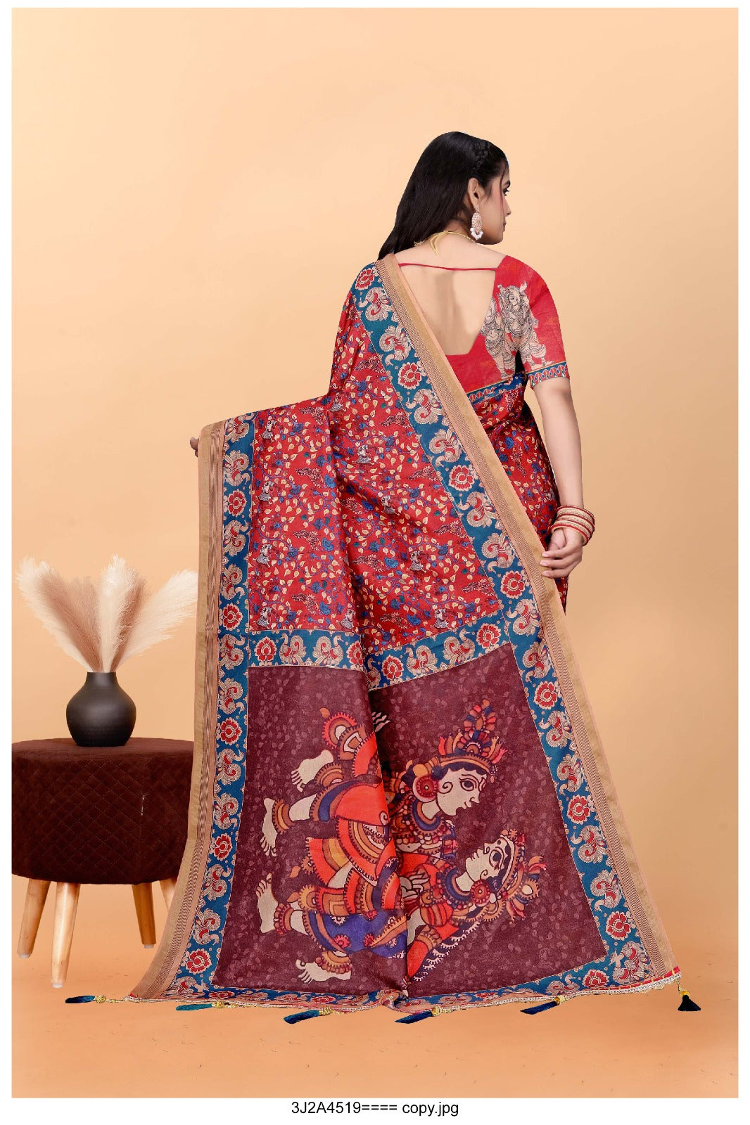 Cultural Bloom: Red Kalamkari Saree with Beige Border