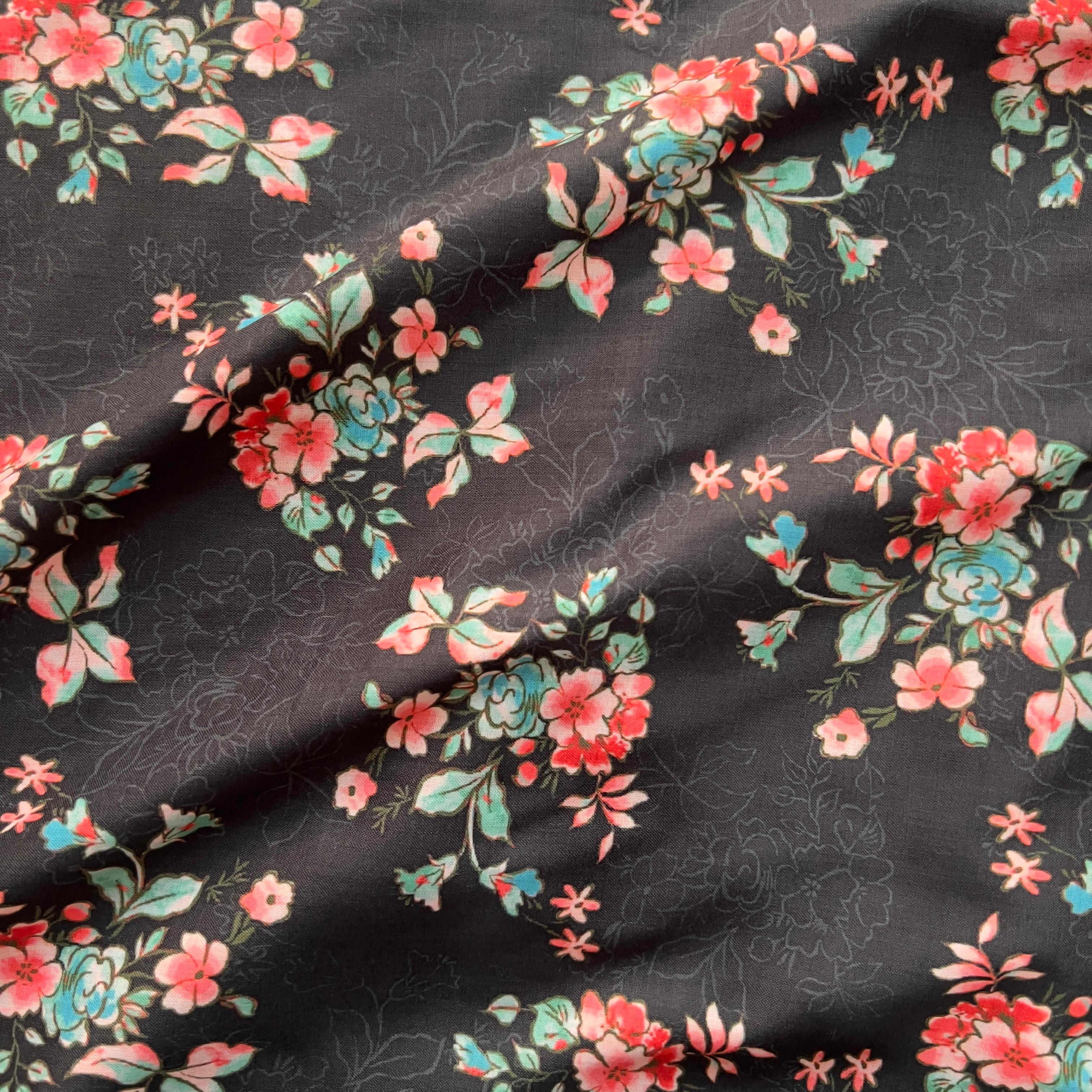 black floral design on cambric