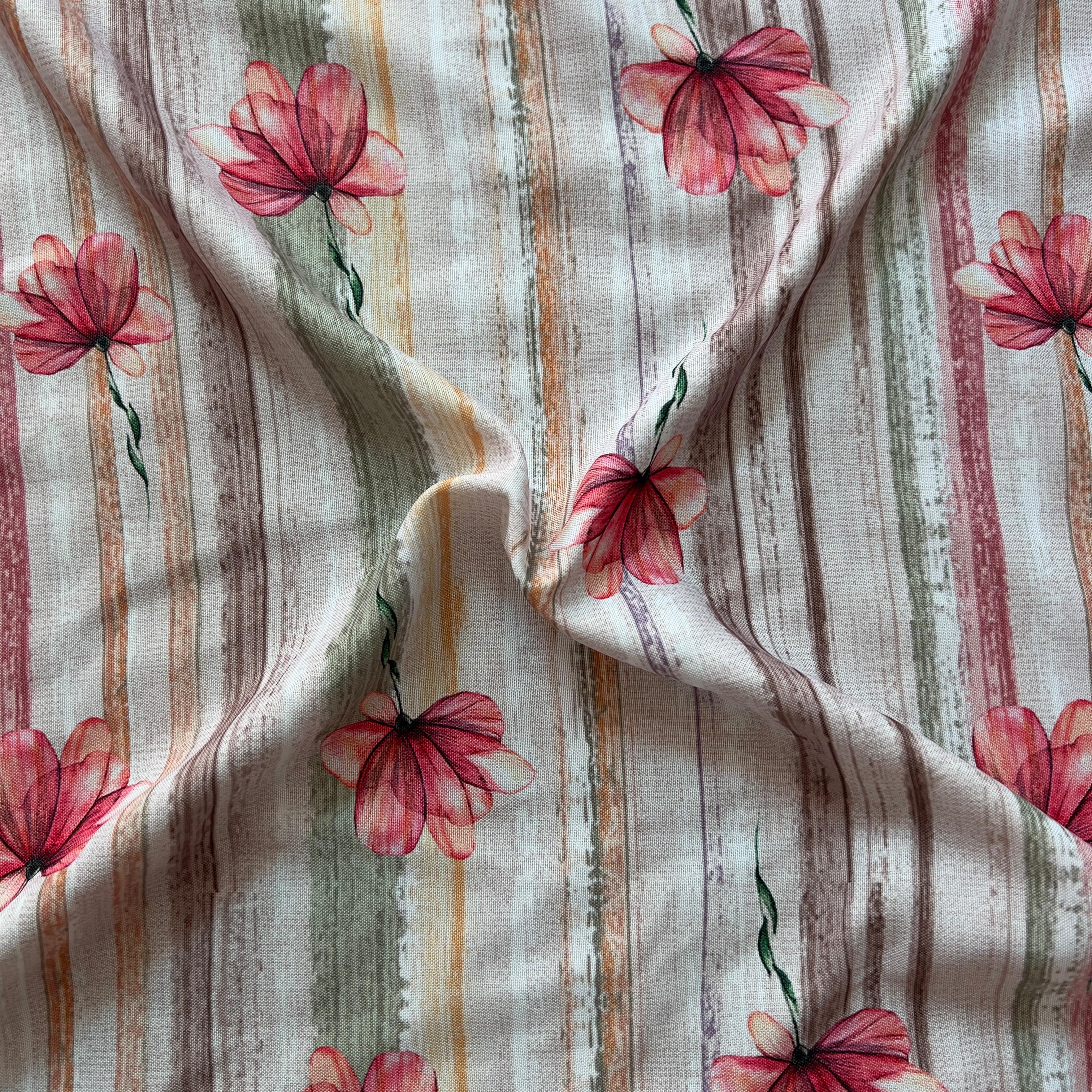 Floral print with geometric stripe ground on rayon