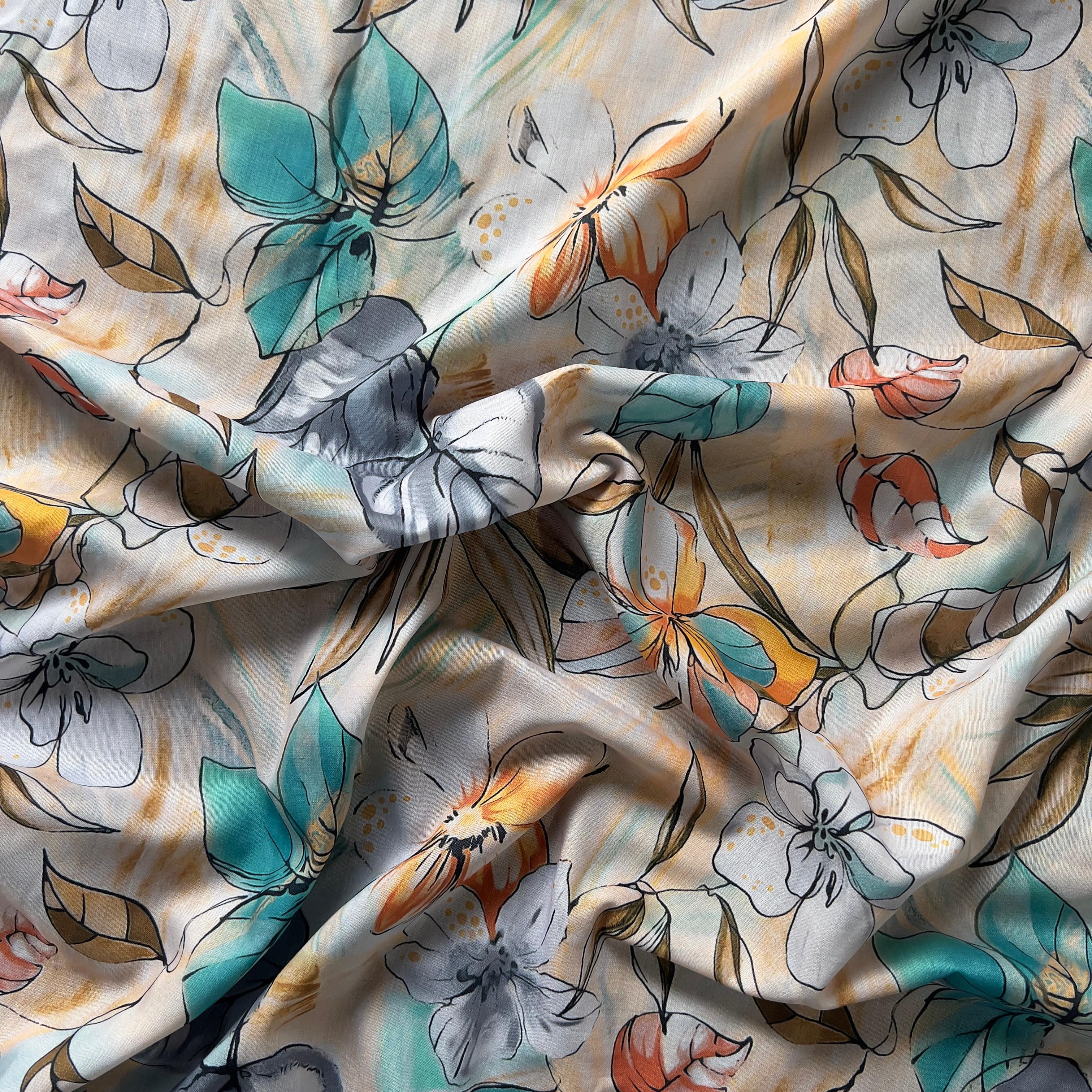 Abstract Floral leaf print on muslin