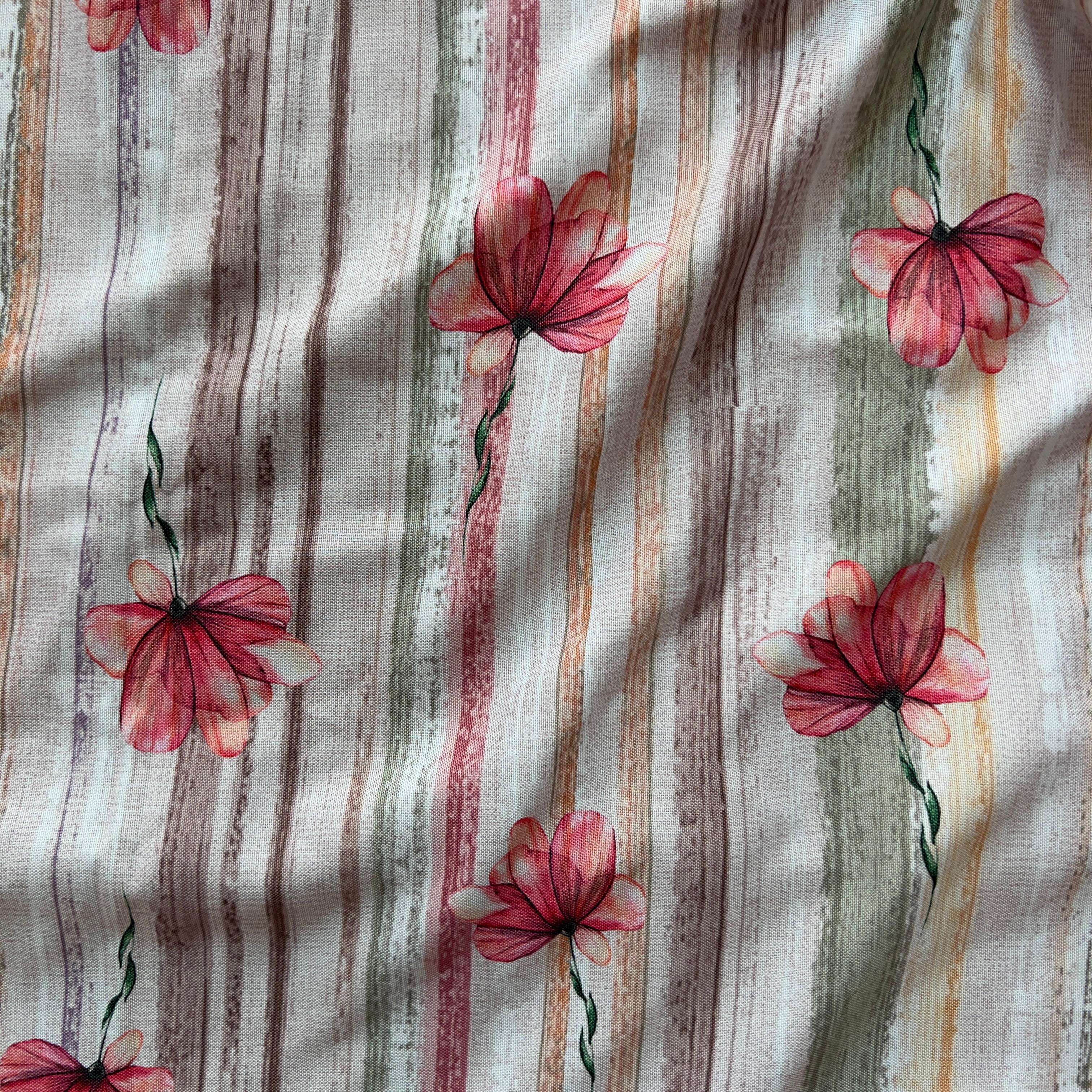 Floral print with geometric stripe ground on rayon